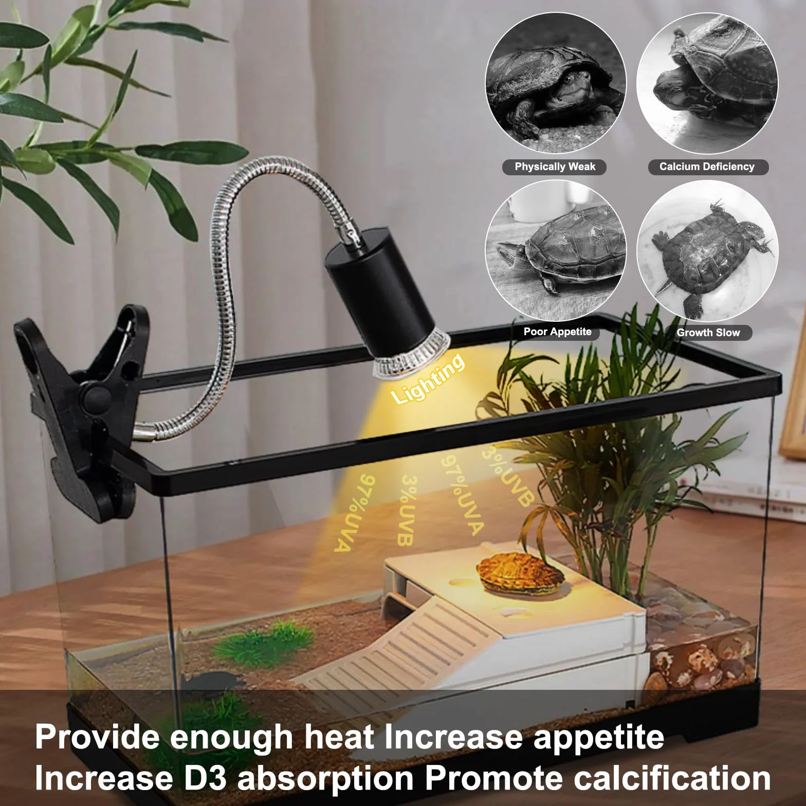Lampa żółwia, lampa dla gadów z 1 oprawką E27 i 2 żarówkami UVA UVB o mocy 50 W i obrotowym zaciskiem 360 °, lampa dla gadów dla żółwia, węża, jaszczurki, kameleona