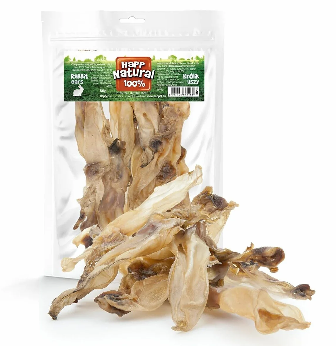 HAPPET 100% Naturalne uszy królicze dla psów – Jednoskładnikowe przysmaki proteinowe – Niskotłuszczowe, łatwostrawne przysmaki dla psów – Bez dodatków i konserwantów – Zdrowa naturalna przekąska 80 g