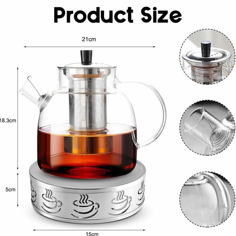 Dzbanek do herbaty 1,8 l z zestawem podgrzewaczy, szklany dzbanek do herbaty z zaparzaczem, 1800 ml szklany dzbanek do herbaty z sitkiem ze stali nierdzewnej i szklaną pokrywką, podgrzewacz do