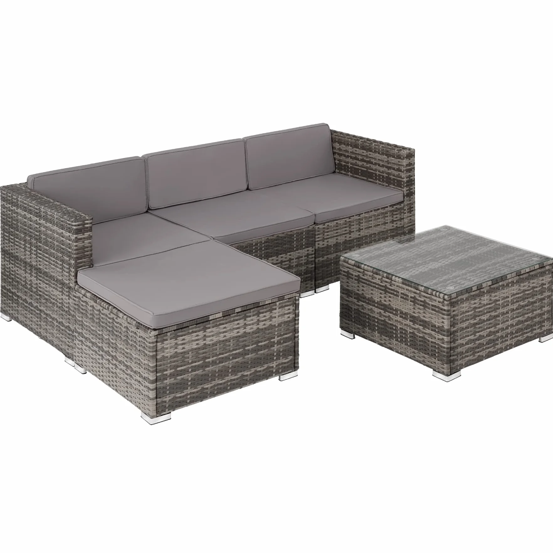 tectake® Zestaw Ogrodowy Rattanowy Lignano, 5 Elementów, UV Odporny Polirattan, Stalowa Konstrukcja, Wodoodporne Pokrowce, Stół ze Szkłem, Na Balkon i do Ogrodu, dla 3-4 Osób (szary)