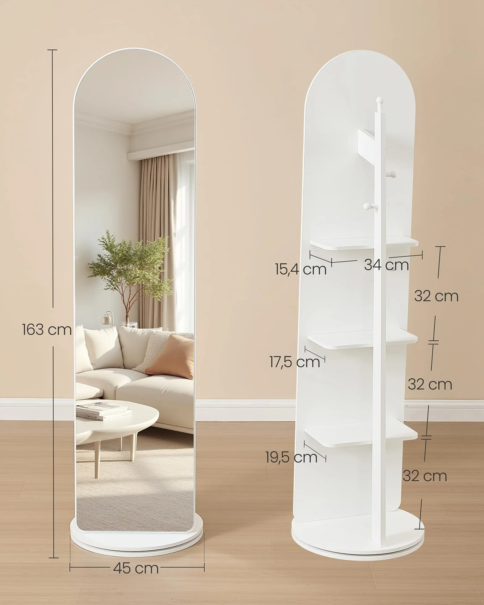 SONGMICS Lustro stojące, obracane o 360°, 163 x 45 cm, z cokołem, półkami i haczykami, przezroczyste szkło hartowane, do sypialni, salonu, lustro wypukłe, białe chmury LFM037WB01