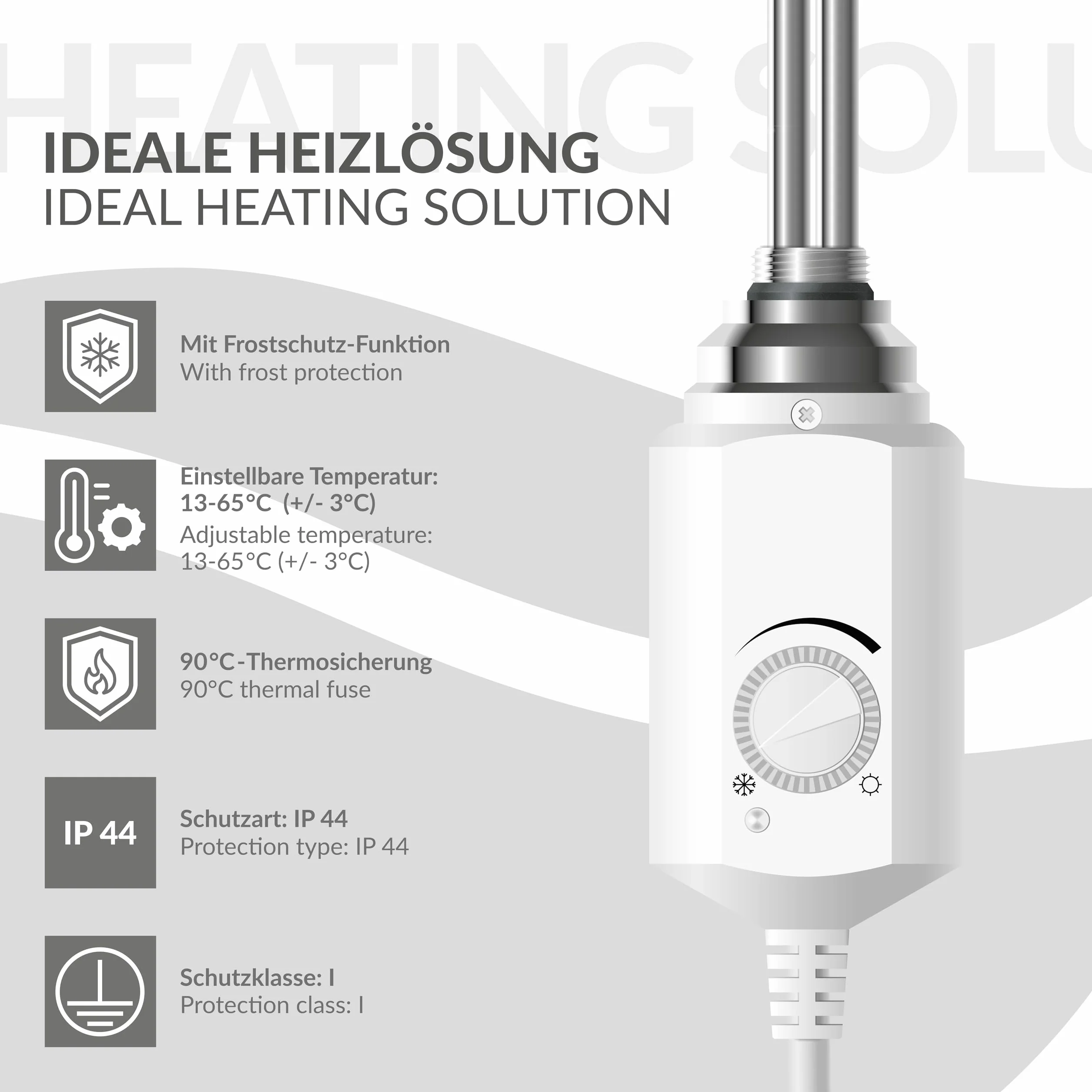 ECD Germany Element Grzejny Wklad Grzewczy 1200W Z Termostatem Elektroniczny Regulator Temperatury Do Grzejników Lazienkowych - 1/2" - Bialy - Stal Nierdzewna - Elektryczne Suszarka Do Reczników