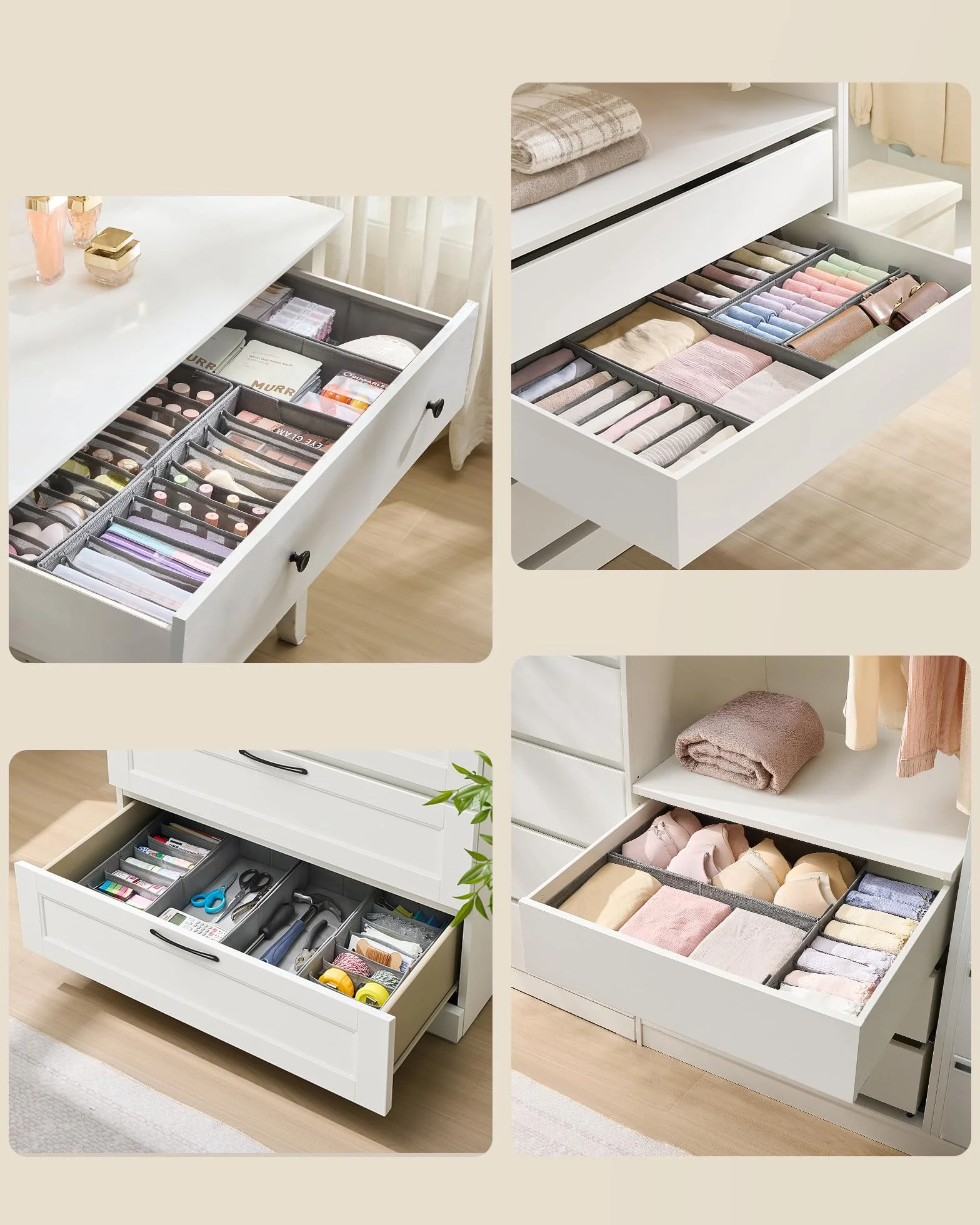 SONGMICS Zestaw 4 przegródek do szuflad IKEA PAX z separatorami, składanymi organizerami bielizny, 50 x 22 x 10 cm, szary taupe RUS015G01