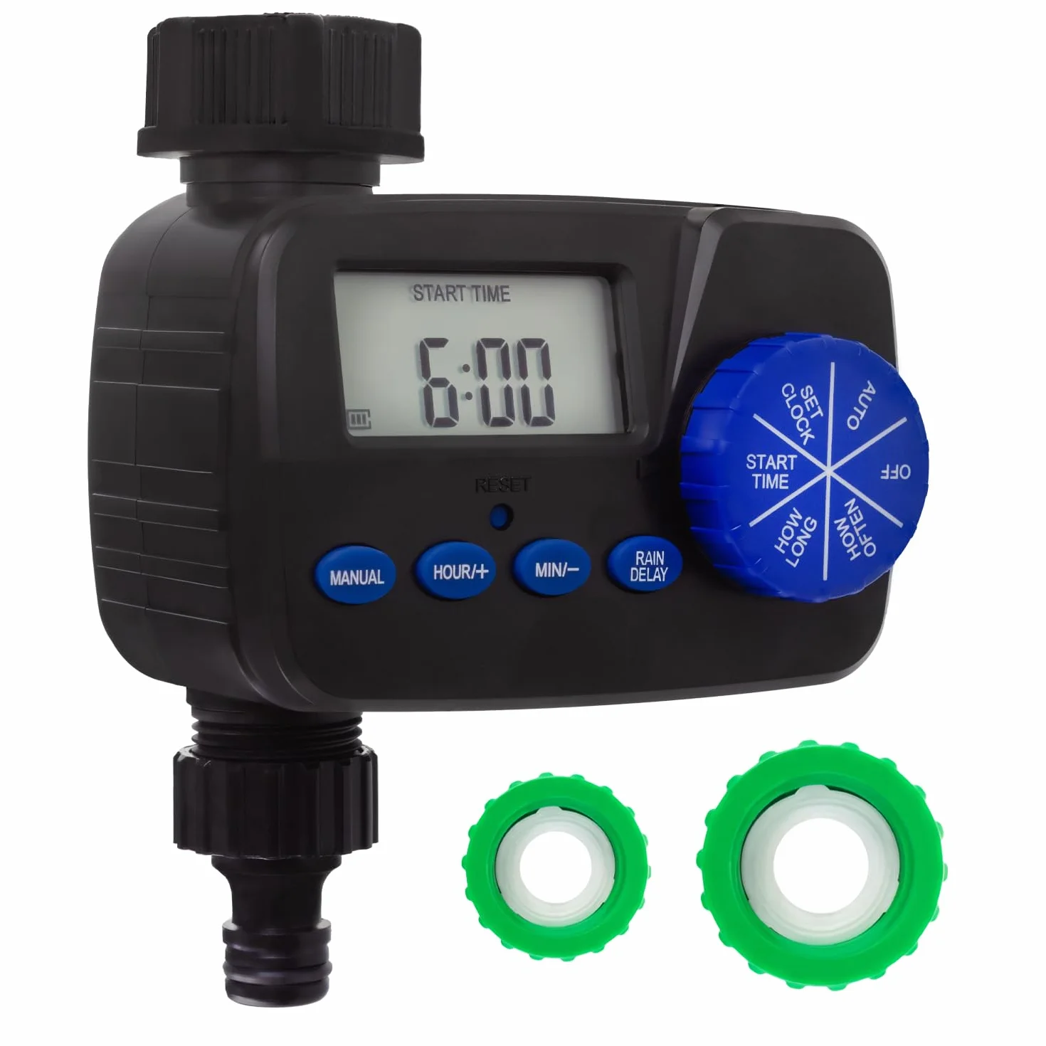 Green Blue Sterowanie nawadnianiem | Elektroniczny regulator nawadniania z ochroną IP55 | Automatyczny timer nawadniania ogrodu z wyświetlaczem i funkcją ręcznego uruchamiania