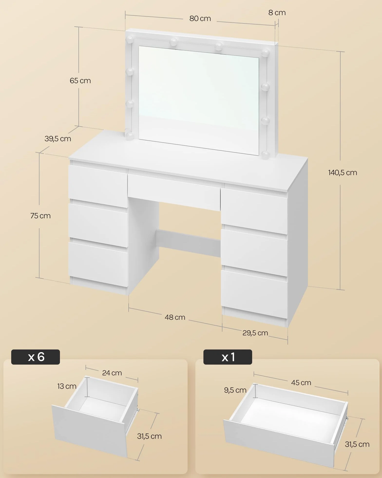 Toaletka WOLTU z oświetleniem LED, kosmetyczka z lustrem, toaletka z 7 szufladami, regulowana jasność, wykonana z drewna, 107x140,5x39,5 cm, nowoczesna, biała