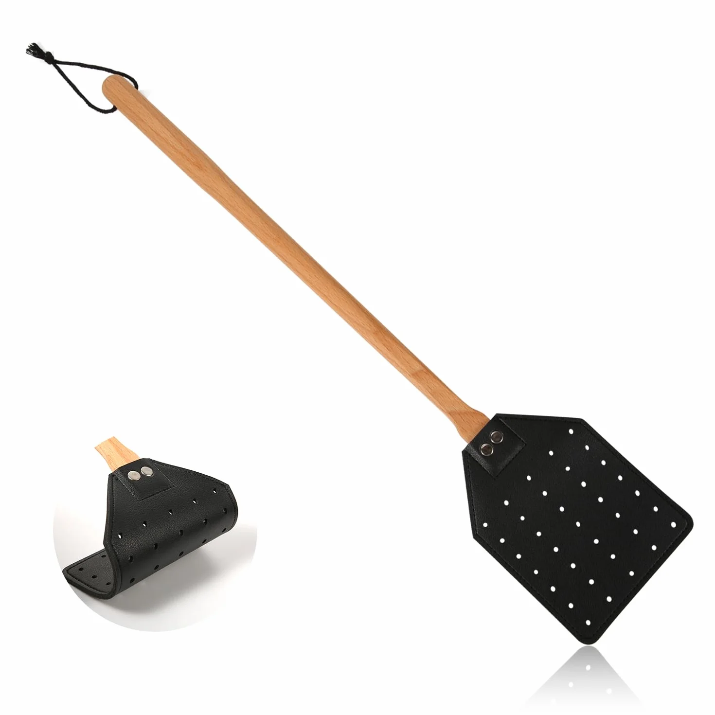 Skórzana Packa na Muchy, Dlugosc 49,5cm Wytrzymala Packa na Muchy Reczna z Drewniana Raczka Lapacz Much do Uzytku Wewnatrz i na Zewnatrz (Czarny)