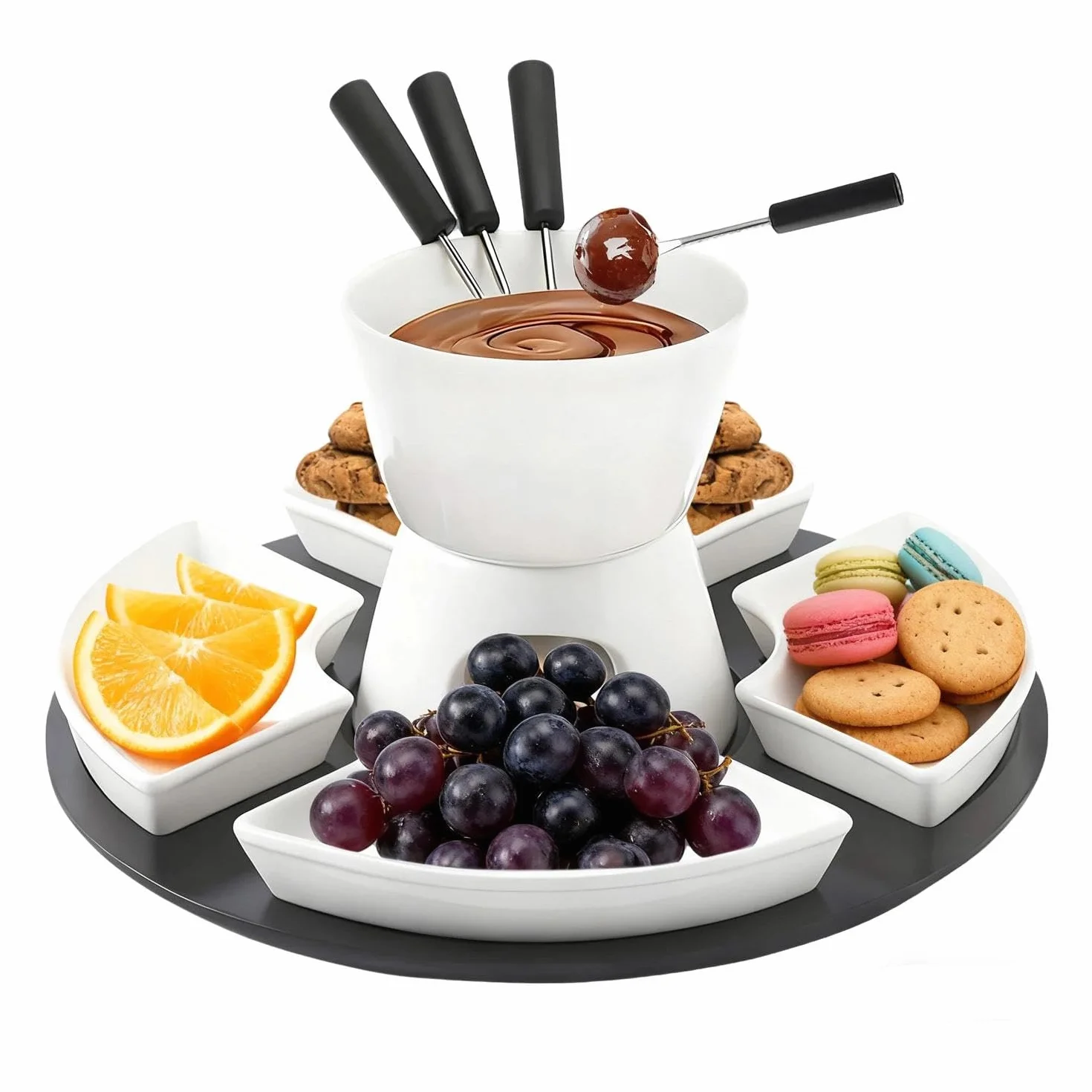 Ceramiczny zestaw do fondue czekoladowego, 300 ml, czekoladowe fondue z 4 talerzami ceramicznymi i 4 widelcami, do sera, fondue, rodzinnych obiadów, deserów, pikników, biały