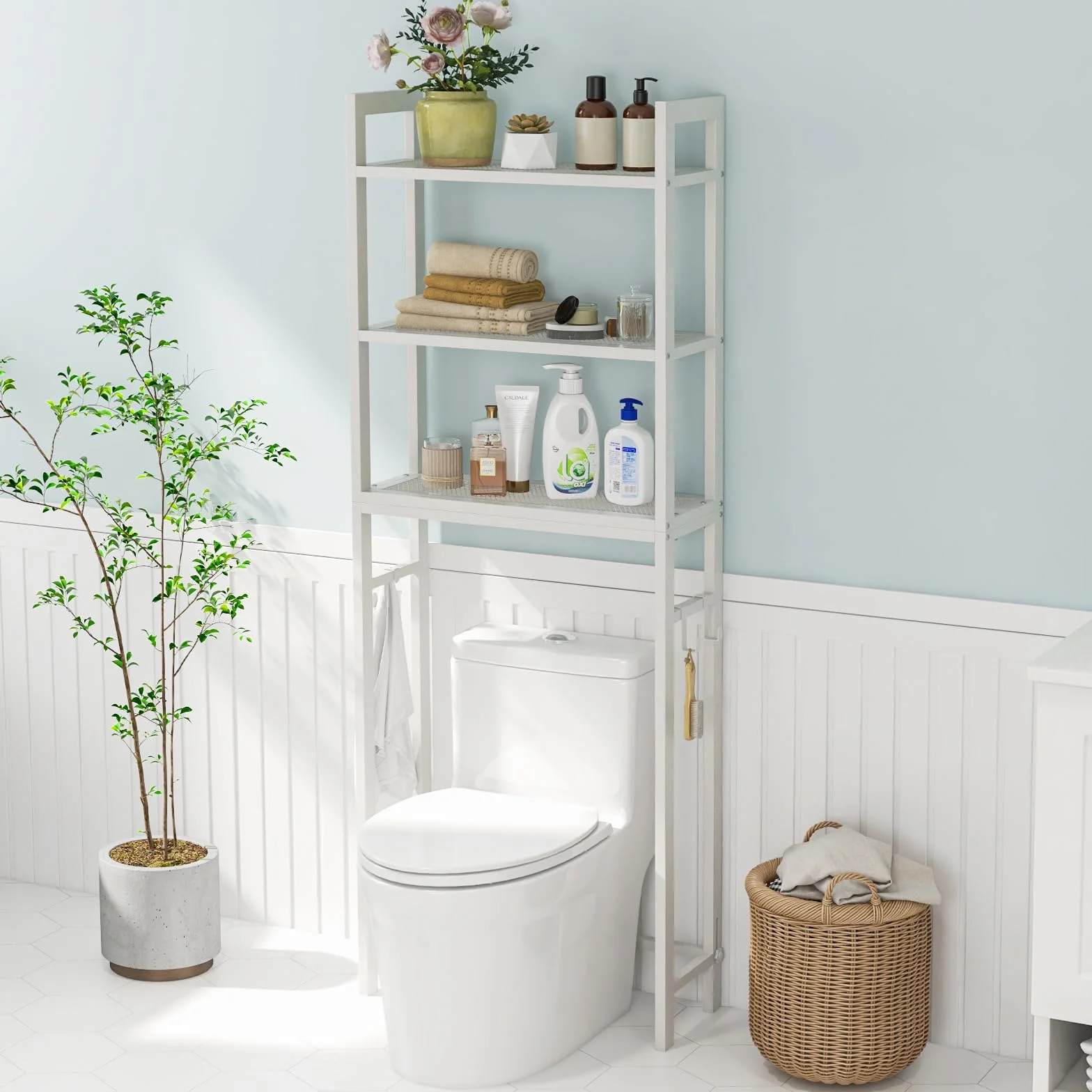 COSTWAY Regał toaletowy 170 cm, regał do WC z 3 półkami, metalowy regał do pralki, w zestawie 3 haczyki, z drążkiem poprzecznym z regulacją wysokości (biały)