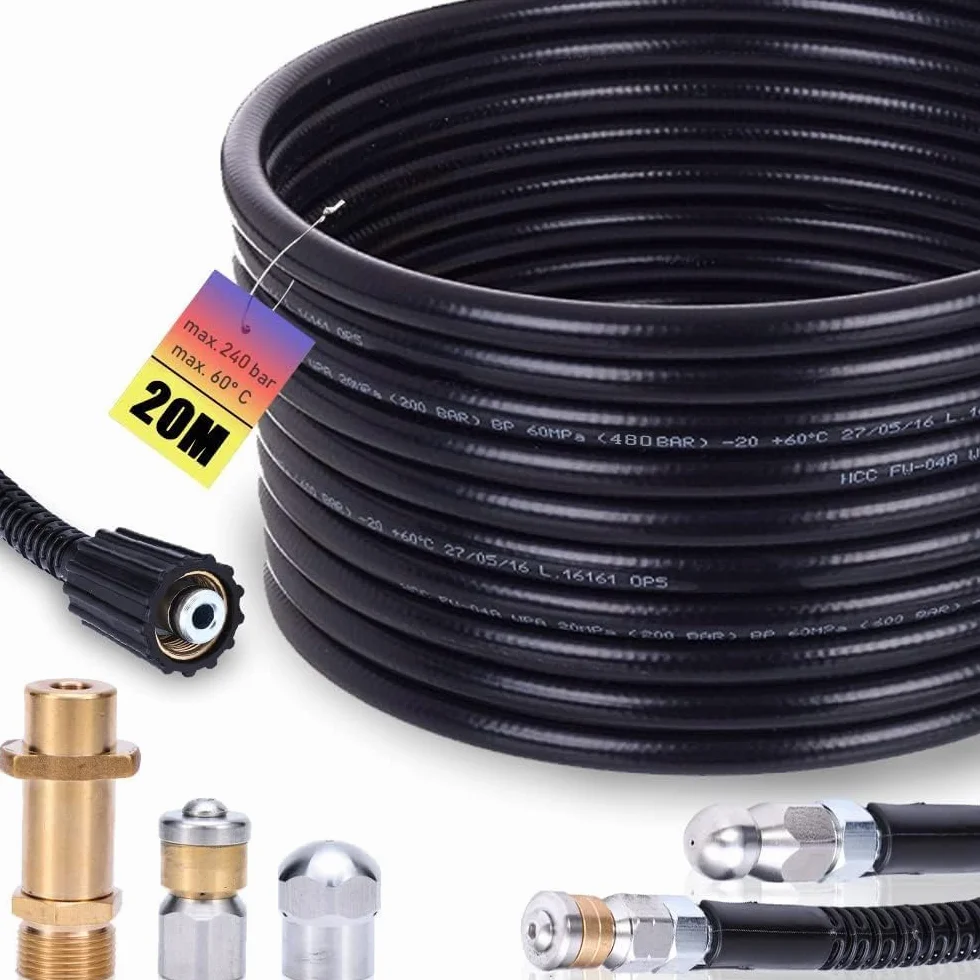 Sonda do myjki ciśnieniowej 20 m 200 bar - sonda do czyszczenia rur kompatybilna z Kranzle Karcher K2, K3, K4, K5, K6, K7 - stała dysza, dysza obrotowa, adapter miedziany M22