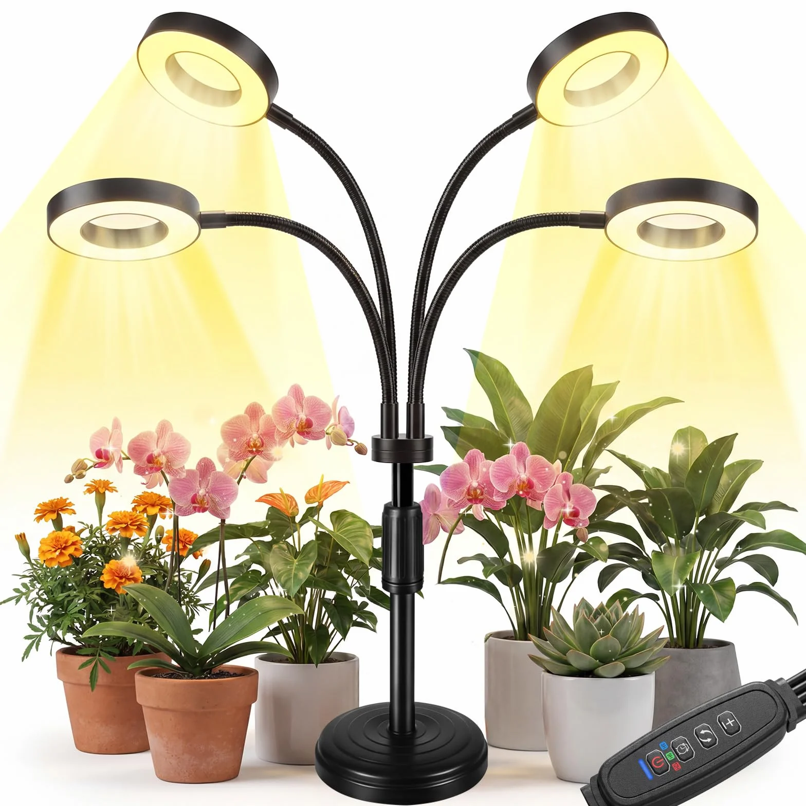 Lampa LED do uprawy roślin, pełne spektrum, 100 diod LED, z timerem 4/8/12 h, 4-głowicowe światło do roślin z elastyczną szyjką łabędzią, regulowana wysokość światła do roślin pokojowych, regał na