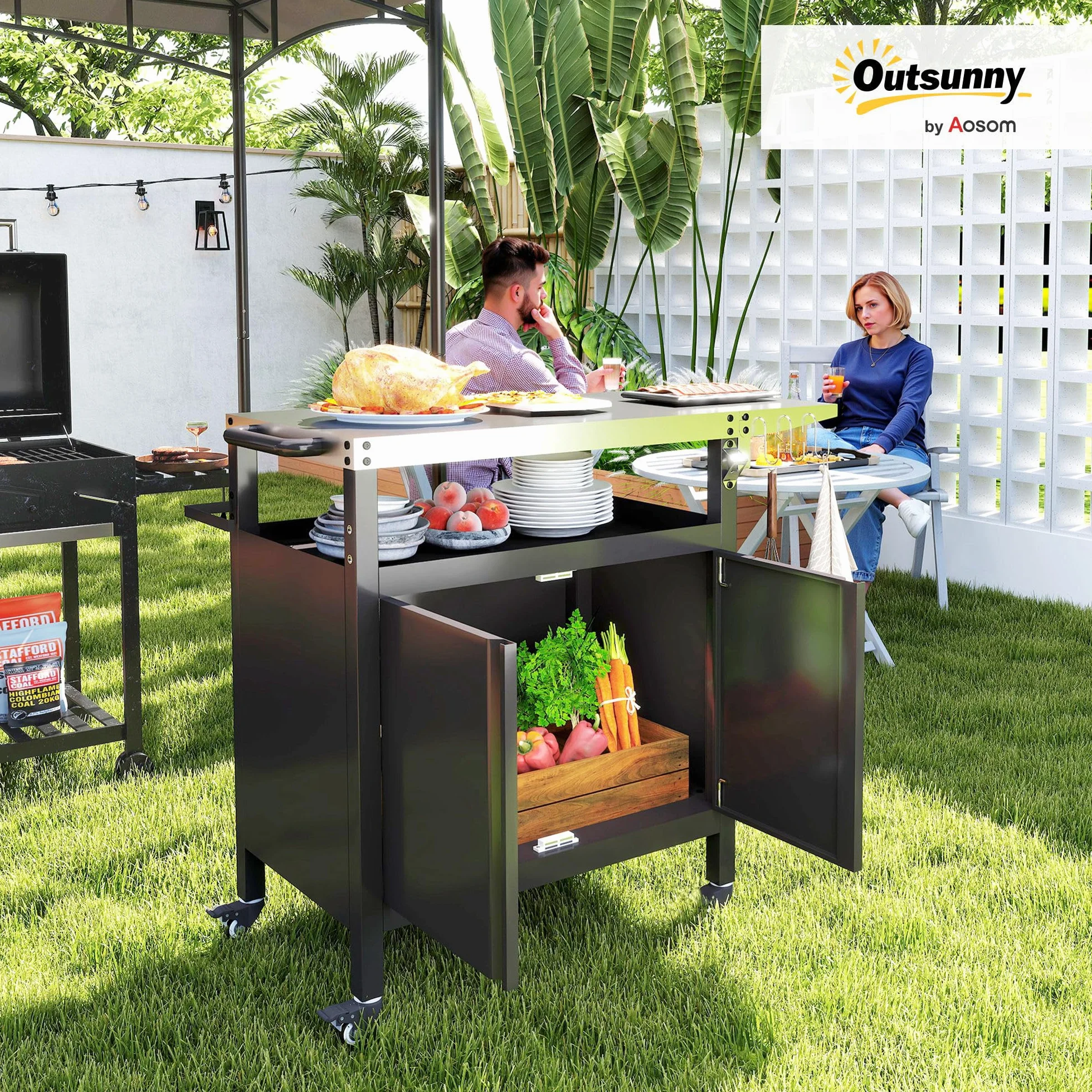 Outsunny Wózek do grillowania, 3-poziomowy, składany wózek do serwowania z powierzchnią roboczą, szafka, haki, kółka, stół do grillowania ze stali nierdzewnej, grill na węgiel drzewny, do ogrodu