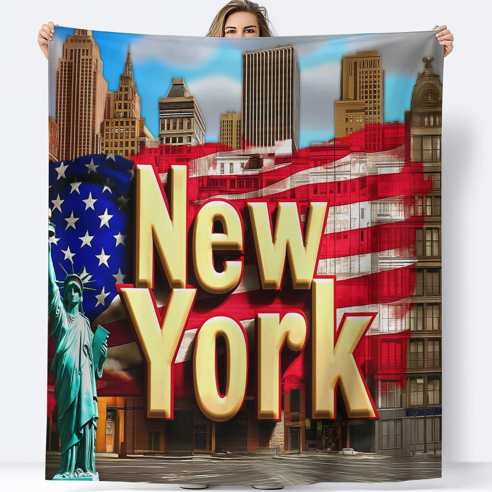 Koc w kratę 3D, tekst New York, duży rozmiar, miękki i ciepły flanelowy koc, wygodny dla dzieci i dorosłych, 220 x 240 cm