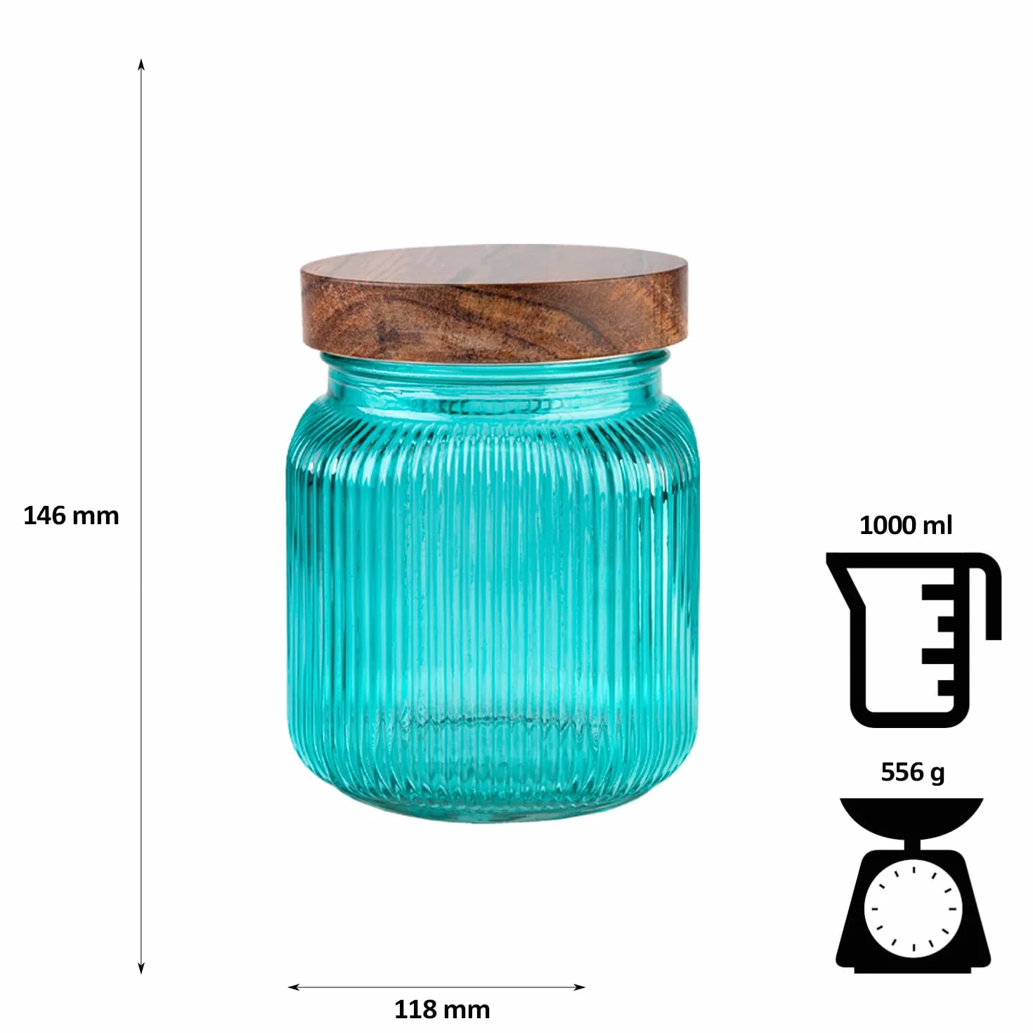 Pojemniki na zapasy ze szkła, zestaw 500 ml, 1000 ml, 2000 ml, 3000 ml, 4 słoiki żebrowane z drewnianymi pokrywkami, dekoracyjne szklane pojemniki na przyprawy, zioła, słodycze, turkusowe