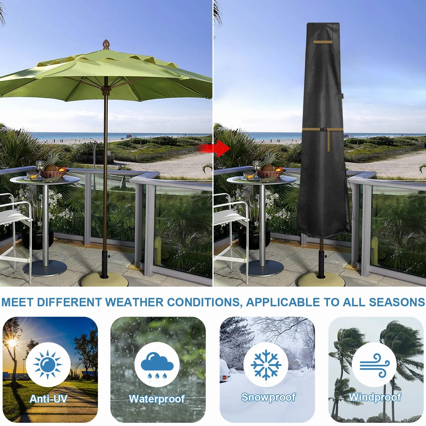 VANSHEIM Pokrowiec na Parasol Ogrodowy i Plażowy - Wodoodporny, Zewnętrzny, 3 Metry, Anty UV, Tkanina Oxford