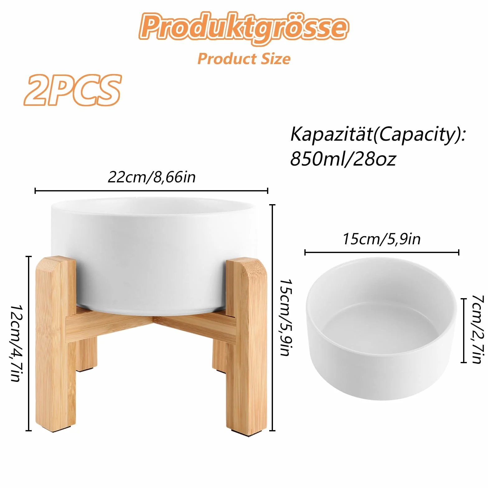 Zestaw 2 ceramicznych misek dla psów z bambusowym stojakiem dla psów i kotów (850 ml, biała)