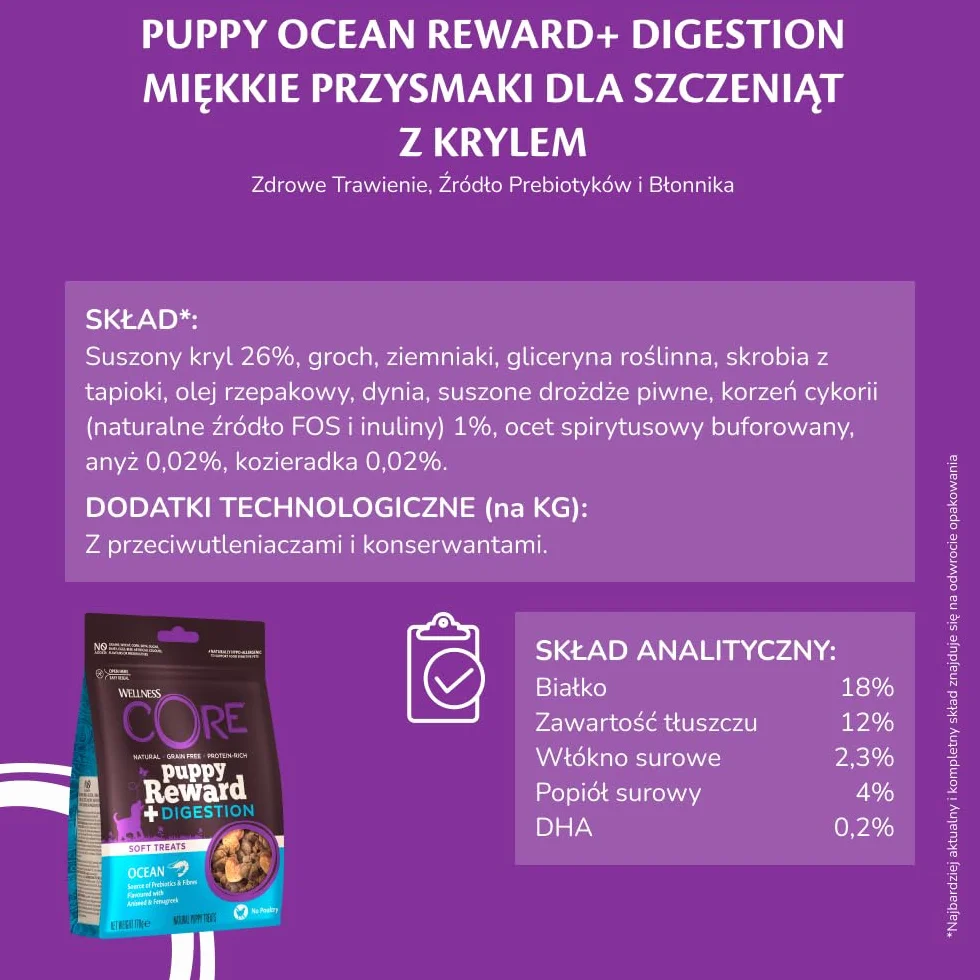 Wellness CORE Puppy Reward+ Trawienie 170 g, Ocean, Kryl – miękkie przysmaki dla psów, bezzbożowe, naturalne, hipoalergiczne, bogate w białko, o wysokiej zawartości ryb, wspomagające zdrowe trawienie