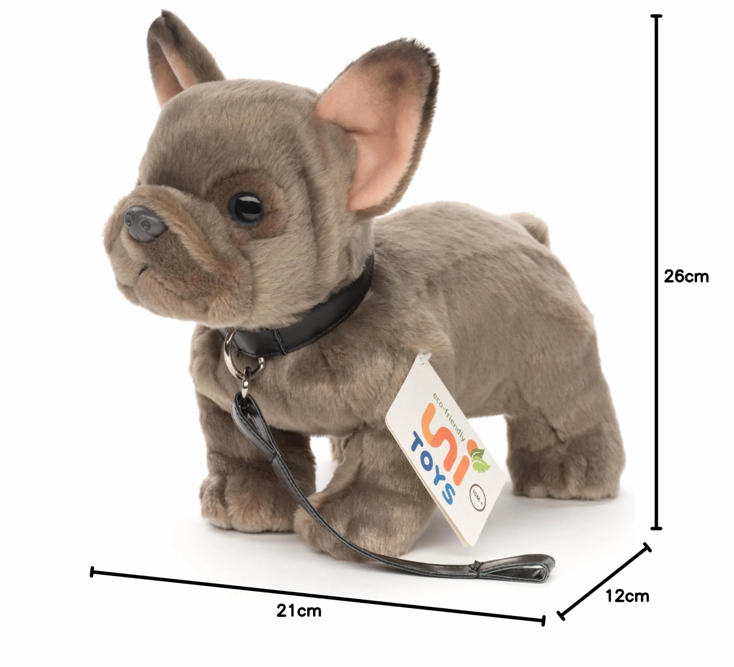 Uni-Toys - buldog francuski ze smyczą - 26 cm (długość) - pies, zwierzę domowe - pluszowe zwierzątko pluszowe, maskotka