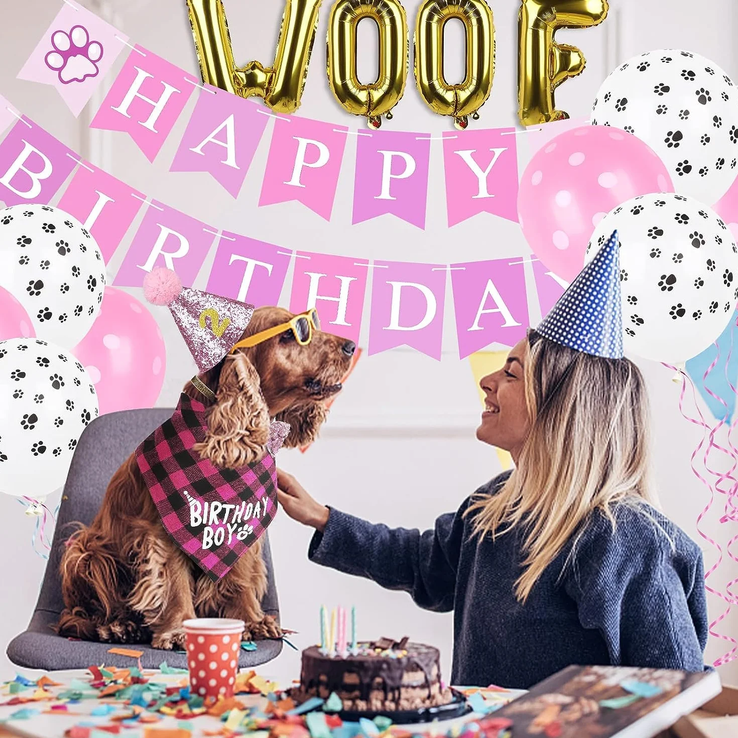 Dekoracja urodzinowa dla psa, chusta na szyję dla psa, chusta urodzinowa WOOF, balony z napisem "Happy Birthday", baner z nadrukiem Psiego, balony, muszka, kołnierz do dekoracji zwierząt domowych