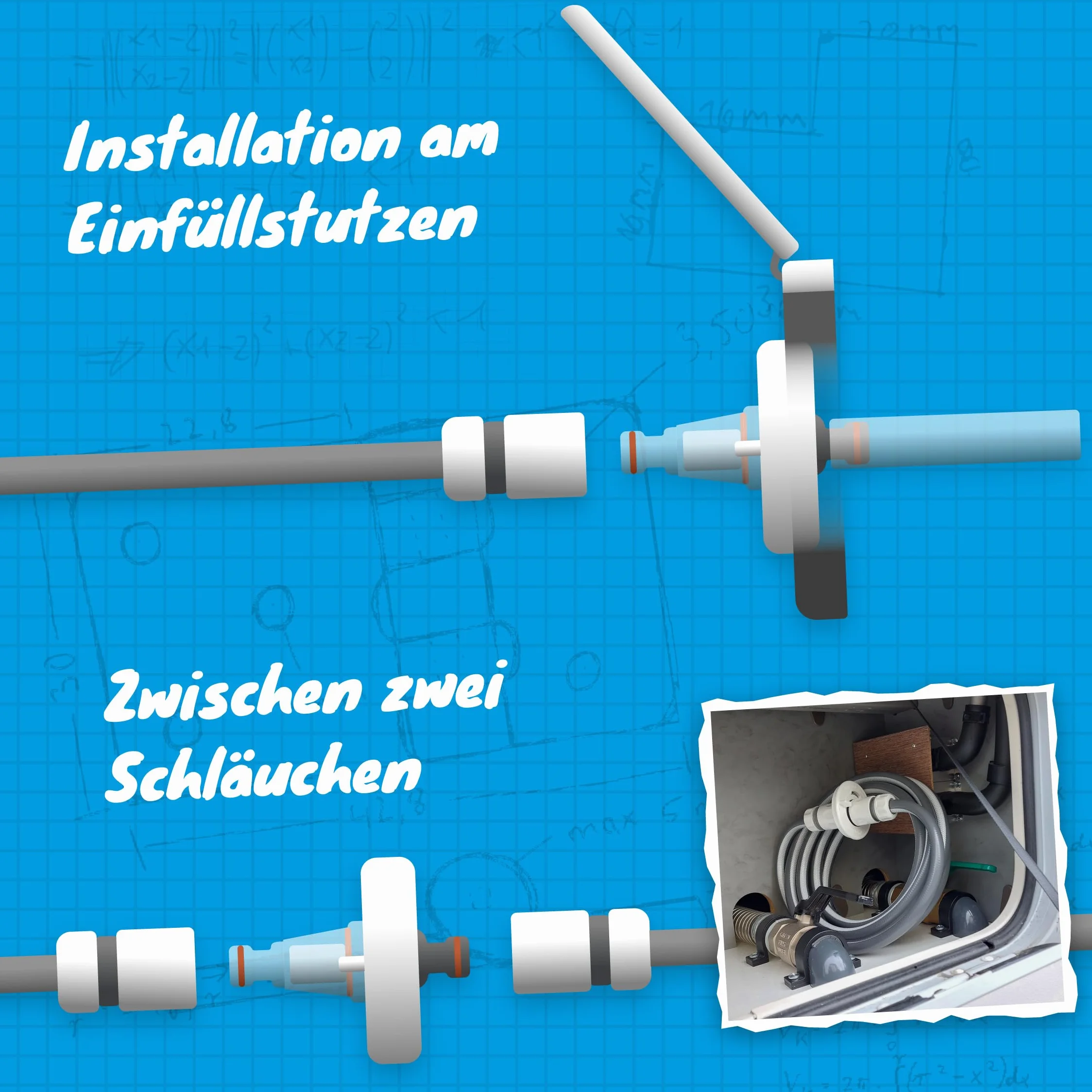 Tec4Camp® WATERTWIN-PRO korek wlewu paliwa z przyłączem wody | adapter z filtrem do pokrywy zbiornika na wodę, 3-pinowy śr. D:68, króciec wlewu wody, przyłącze napełnienia, akcesoria do przyczep
