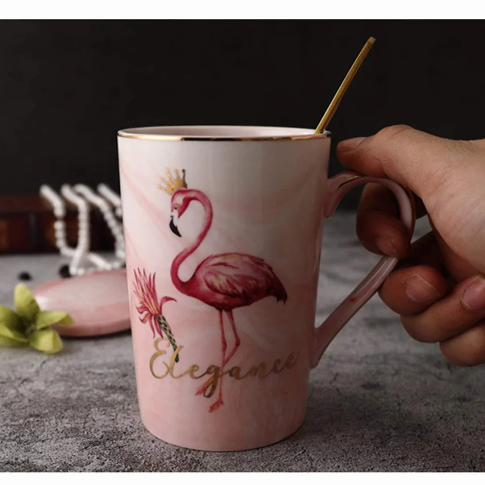 Kubek flamingowy kubek do kawy herbaty ceramiczny porcelanowy kubek z łyżką i pokrywką (flaming różowy, 400 ml)