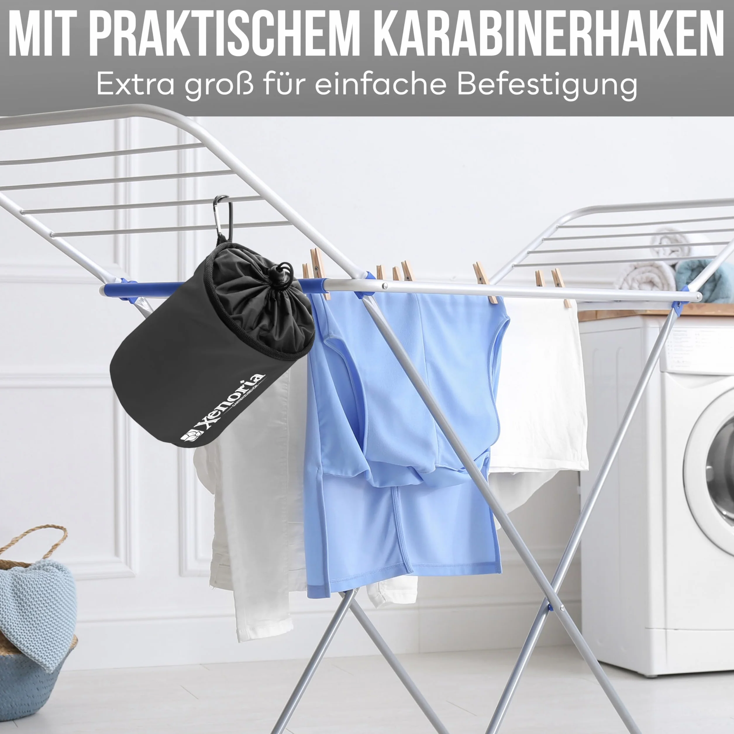 Xenoria Woreczek premium na 250 spinaczy do prania, z haczykiem do zawieszenia, z wytrzymałego materiału, nadaje się do użytku wewnątrz i na zewnątrz (ciemnoszary)