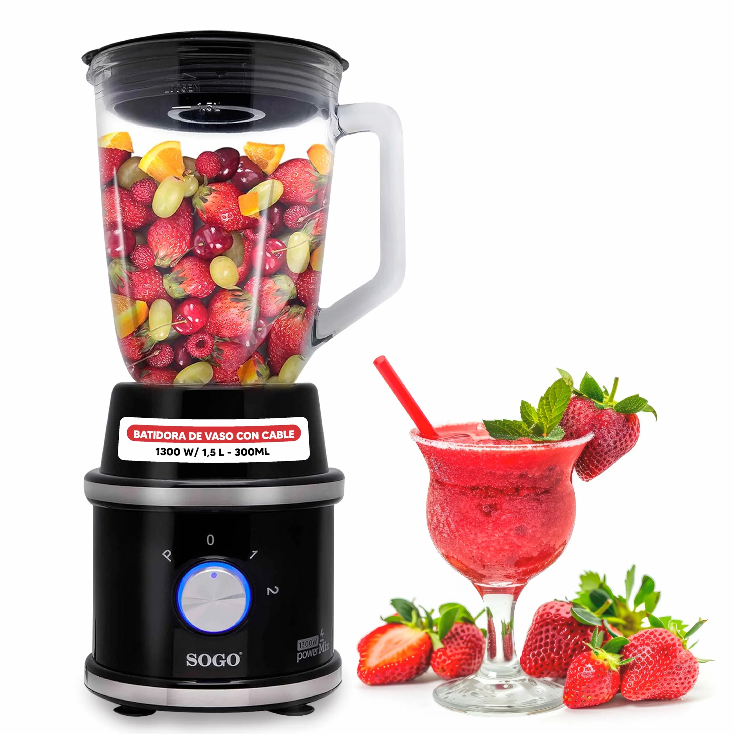 Sogo Blender stołowy, blender do soków, smoothies - maszyna do smoothies maker, rozdrabniacz do żywności ze szklanymi dzbankami 1,5 i 0,3 litra, 2 ostrza, 1300 W, czarny (SS-5545)