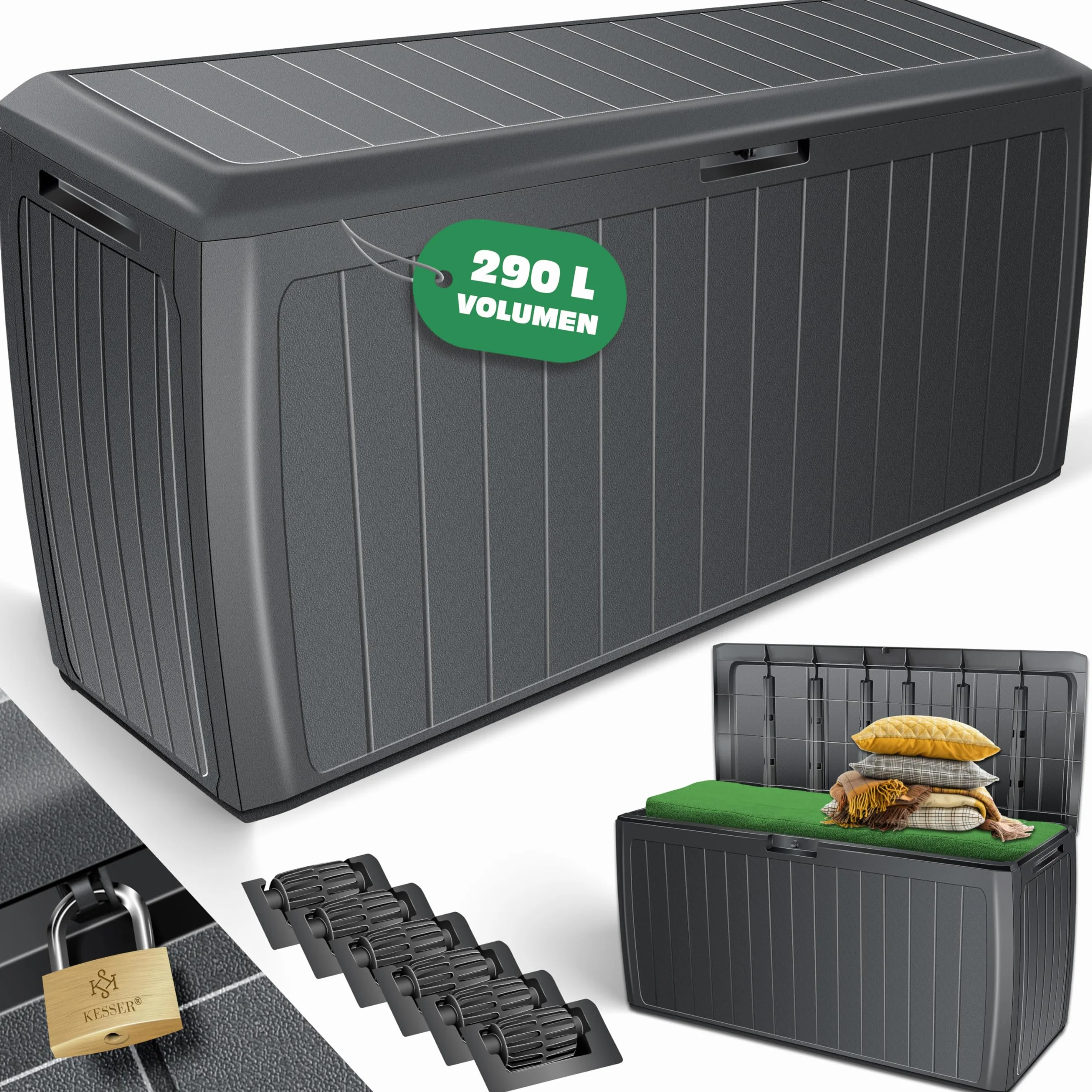 KESSER® Skrzynka na poduszki 290 l, z rolkami i uchwytami, obciążenie 100 kg, system Smart Click, skrzynia ogrodowa, kolor antracytowy