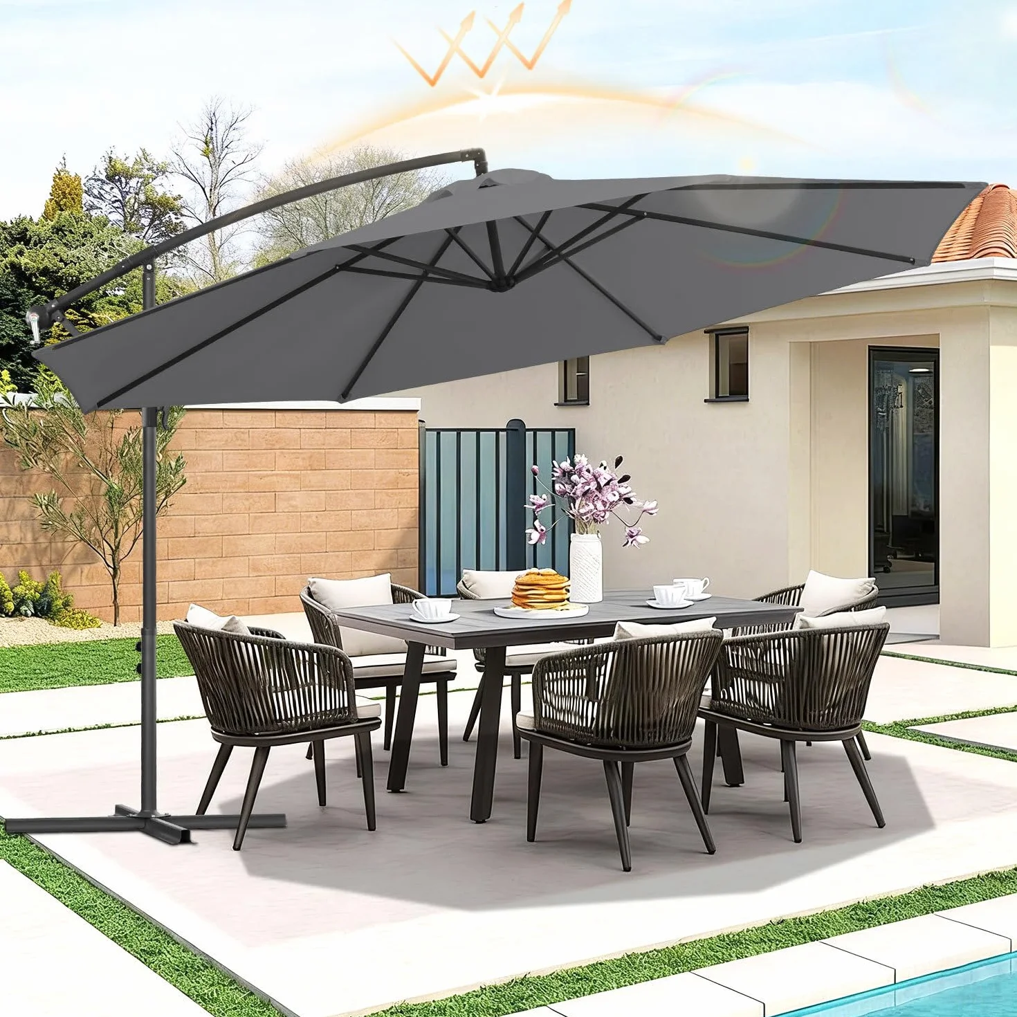 Parasol przeciwsłoneczny 350 cm, ze stojakiem i korbą, parasol ogrodowy, ochrona przed promieniowaniem UV, 8 stalowych wsporników, regulowany kąt nachylenia i wysokość, do basenów, balkonów i