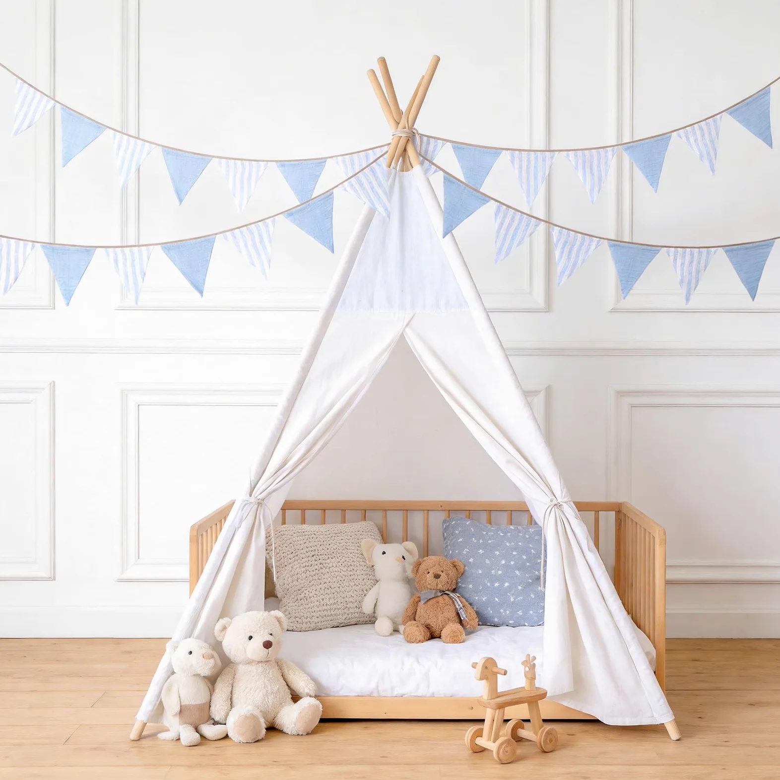 G2PLUS Flagi bawełniane, 2,6 m, jasnoniebieski wieniec z pionowymi paskami, girlanda dwustronna do dekoracji pokoju dziecięcego, baby shower, urodzin, chrztu, majsterkowania