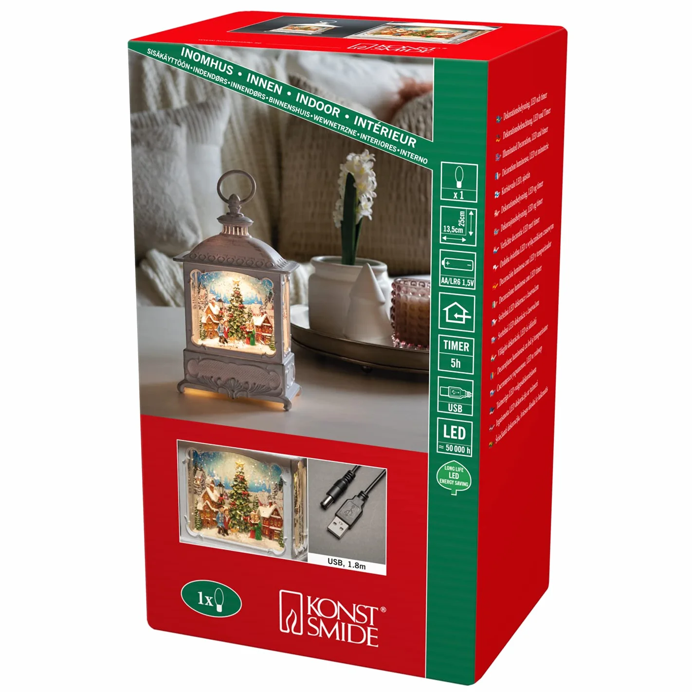 Konstsmide LED Snow Globe Scena jarmarku bożonarodzeniowego/wypełniona wodą/dekoracje świąteczne wewnętrzne lampki akumulatorowe/timer/zasilanie bateryjne: 3 x AA 1,5 V (z wyłączeniem) lub USB (Inc)