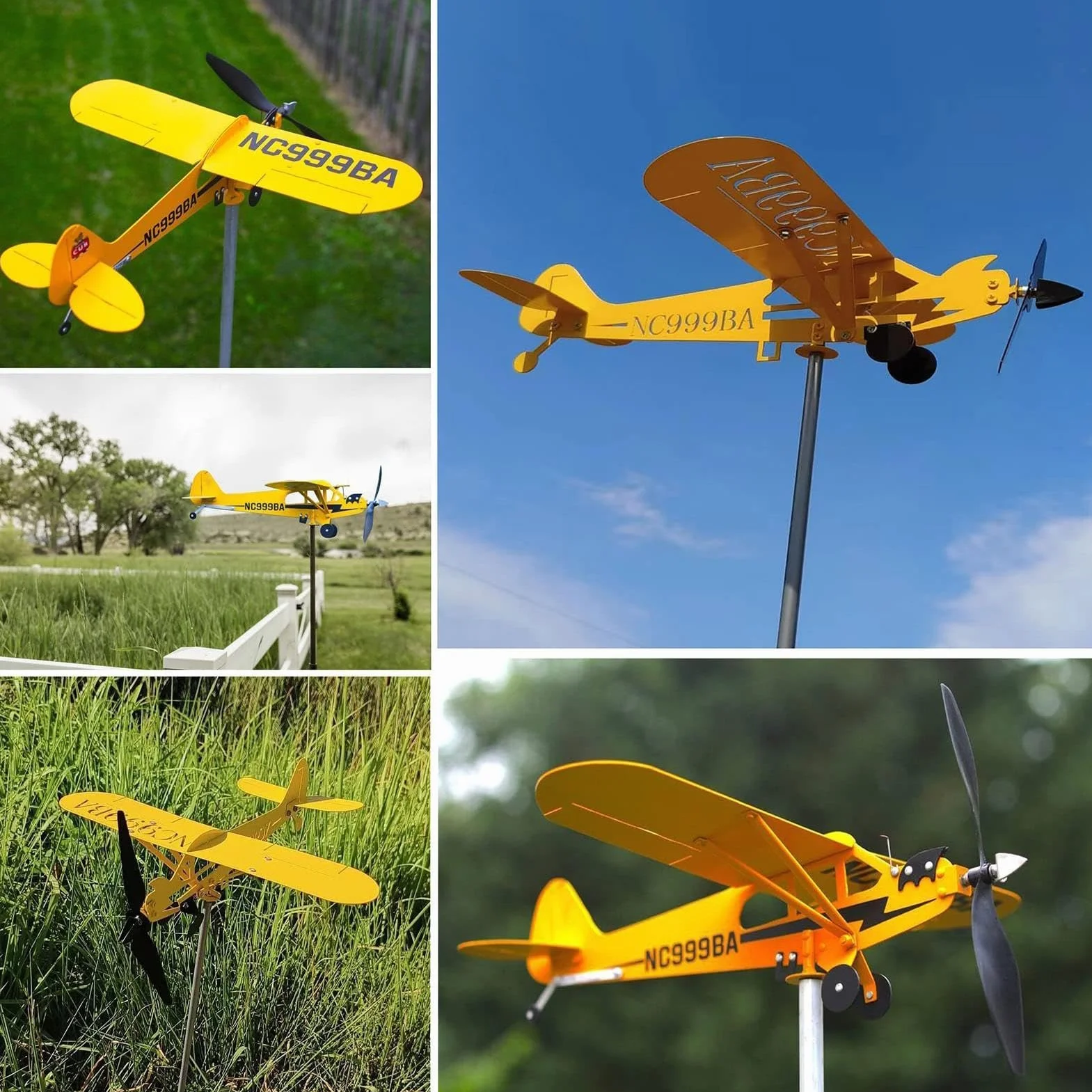 Piper J3 Airplane Weathervane Windmill New Airplane Wind Spinsner Metalowy wiatrak wiatrowskaz, wiatraki na podwórko ogrodowe słupki ozdoby, metalowa dekoracja wiatrowskazu