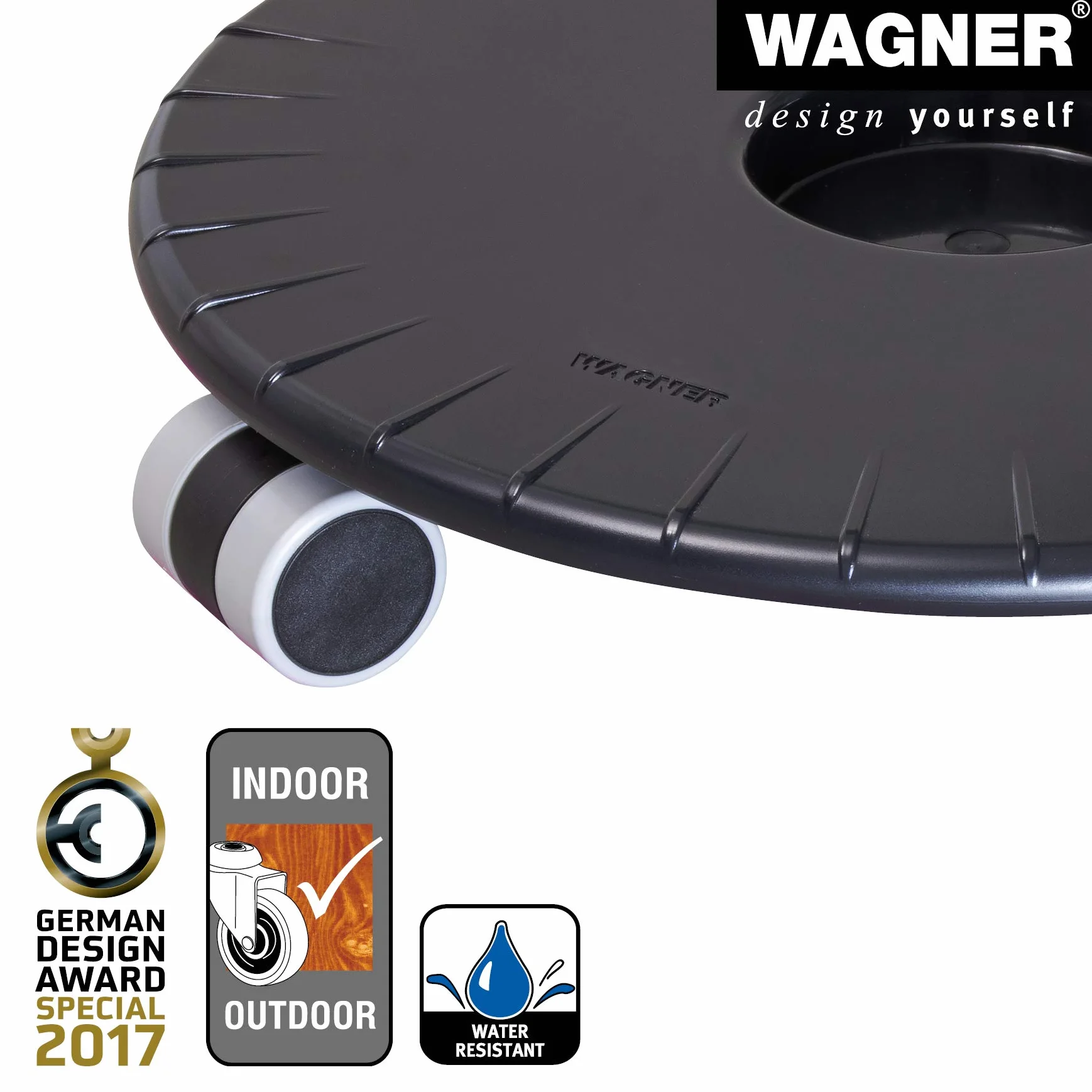 WAGNER Flat 20044901 wózek na rośliny Ø 30 x 6 cm, do użytku w pomieszczeniach, czarny I płaska rolka z tworzywa sztucznego ABS, odporna na działanie wody, udźwig 80 kg