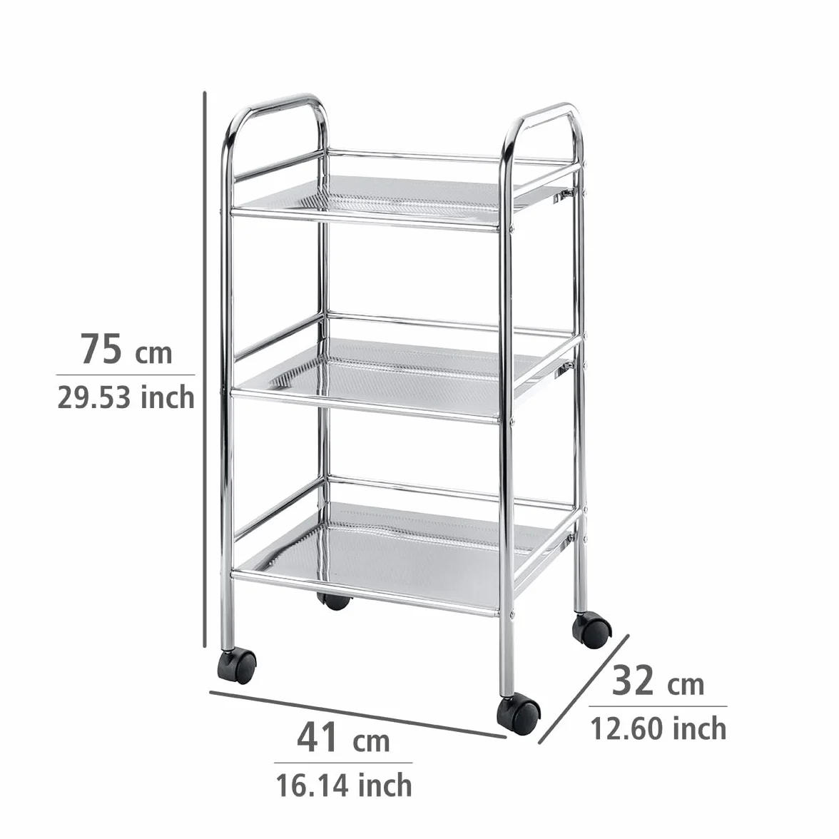 WENKO 12285100 Ekskluzywny wózek do użytku domowego i łazienkowego – mobilny stojak łazienkowy, 3 półki, stal, 41 x 75 x 32 cm, chrom