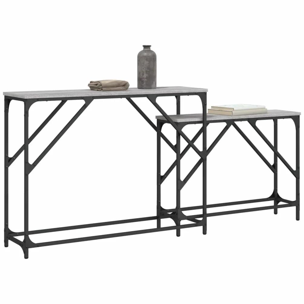 Stoły konsolowe, zestaw 2 sztuk, szary materiał drewnopochodny Sonoma, metalowa rama, szerokość 100/80 cm, stoliki pomocnicze do salonu, korytarza, przedpokoju, zajmują mało miejsca