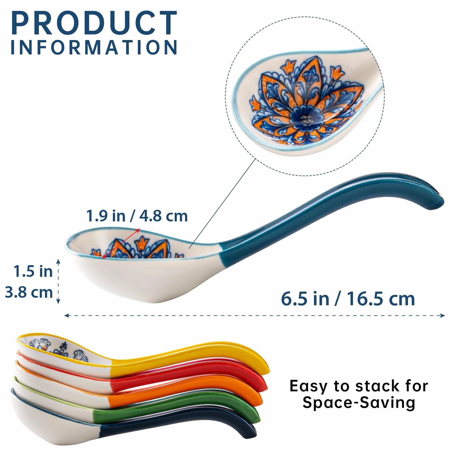 HENXFEN LEAD Porcelanowa łyżka do zupy, 15 cm, do ramenu, do zupy, pierogów, ryżu i makaronu Pho Wonton, kolorowa, 6 sztuk, styl boho