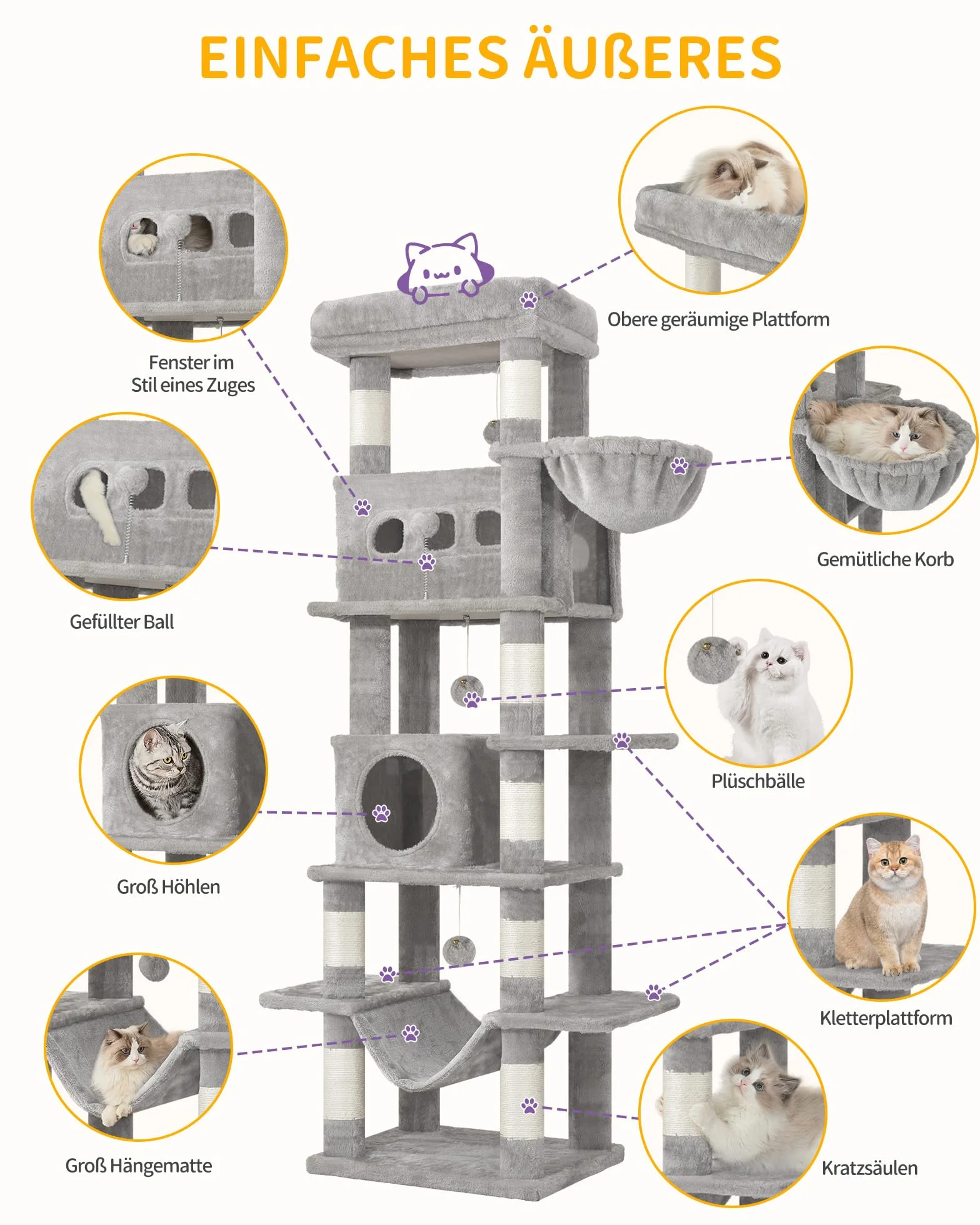 Hzuaneri Drapak duży, Wieża dla kota Maine Cat Large Cat, Wielopoziomowy drapak z dużym żerdziem, Zmywalna mata, Meble do domu dla kota z 2 jaskiniami, 8 drapaków (jasnoszary, 50 x 60 x 210 cm)