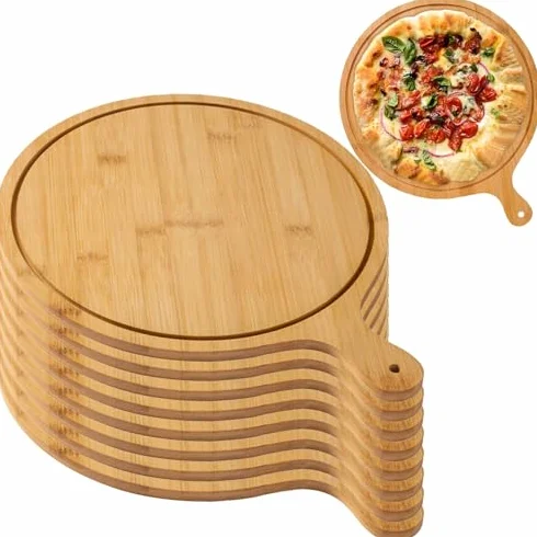 Zestaw 8 desek do serwowania pizzy z drewnianymi uchwytami o średnicy 33 cm, idealne do robienia pizzy, serwowania i przechowywania - idealne na imprezy i spotkania