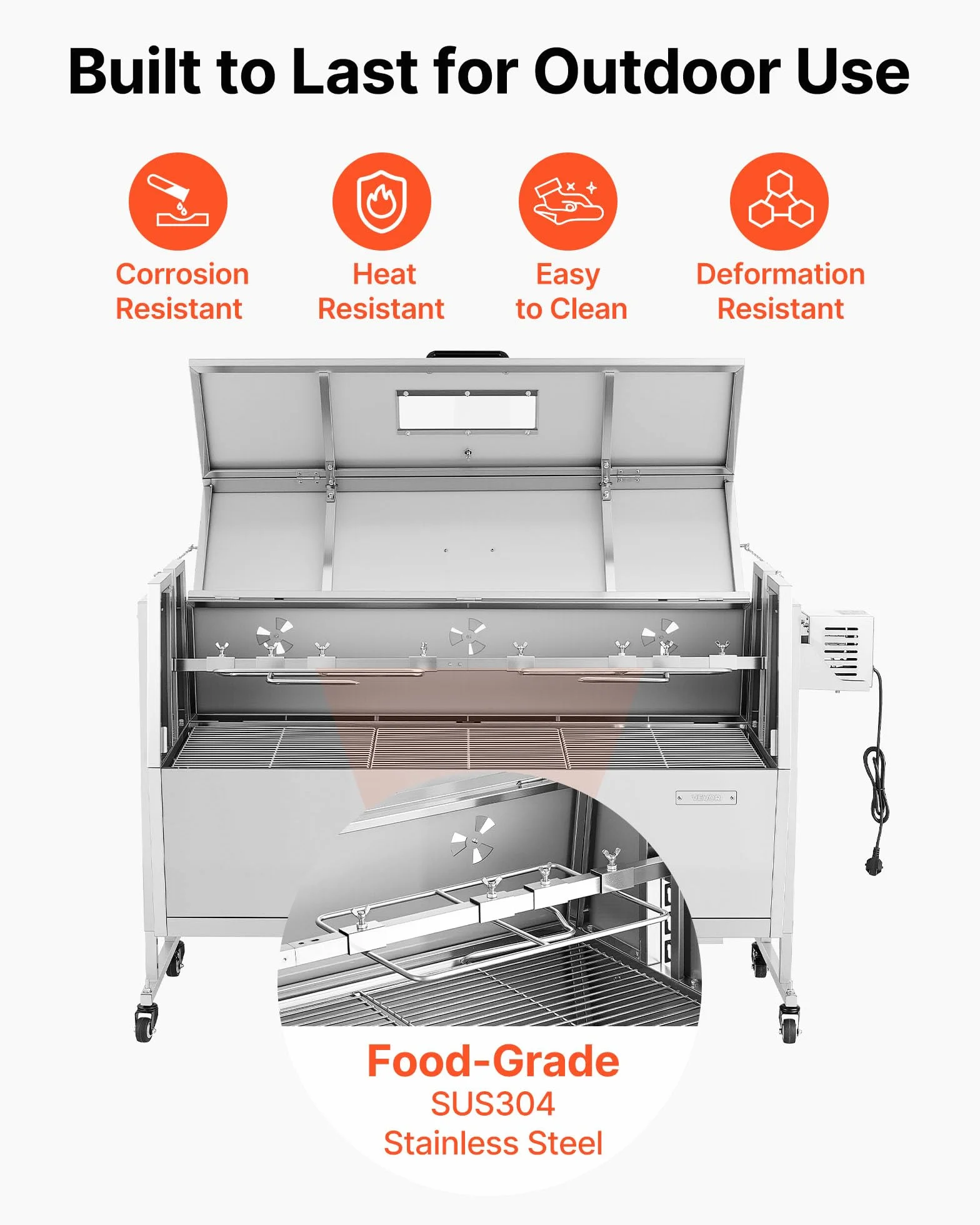 VEVOR Grill do rożna, 117 cm, grill na zewnątrz dla świni i jagnięciny, palarnia na węgiel drzewny o pojemności 59 kg, kółka i 4-poziomowa wysokość, zestaw do grillowania rożna ze stali nierdzewnej