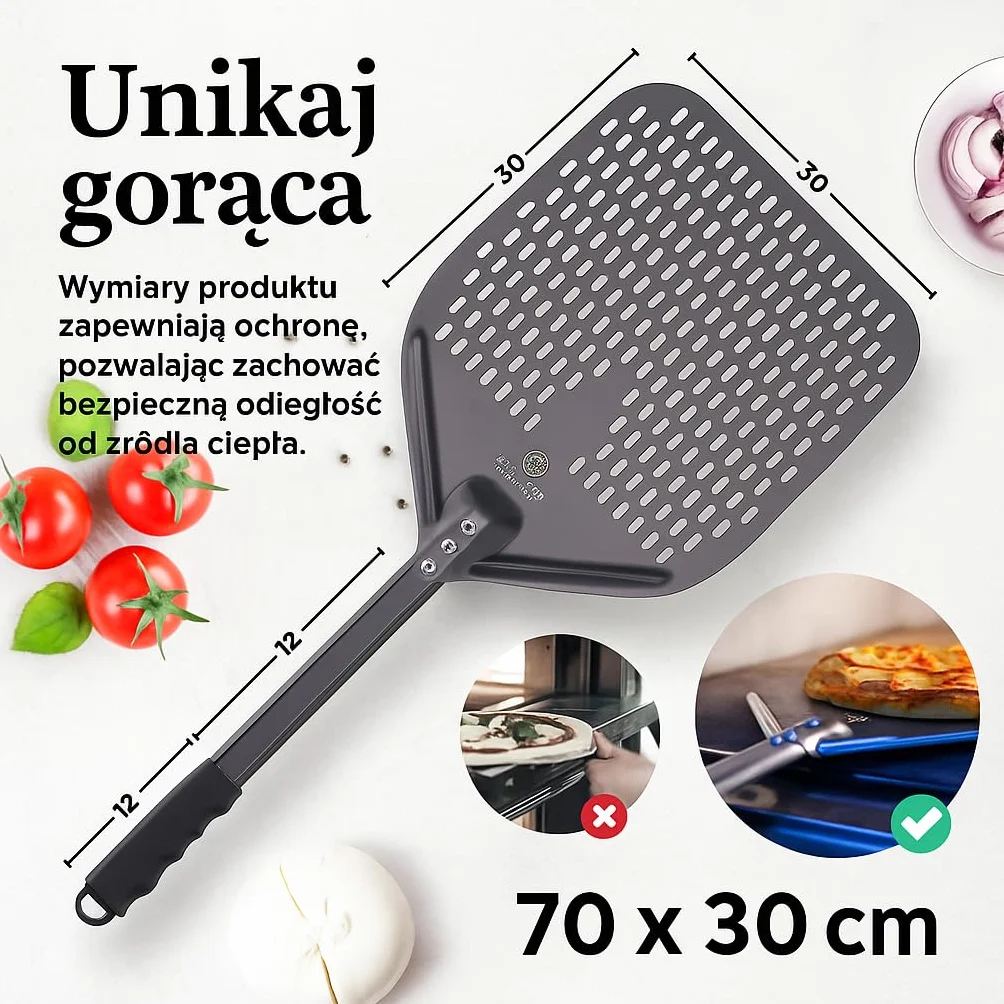 Pizza Lover Łopatka do pizzy premium perforowana łopatka do pizzy z twardego anodowanego aluminium z antypoślizgowym uchwytem 30 x 70 cm idealna do pieca do pizzy, grilla, kamienia do pizzy