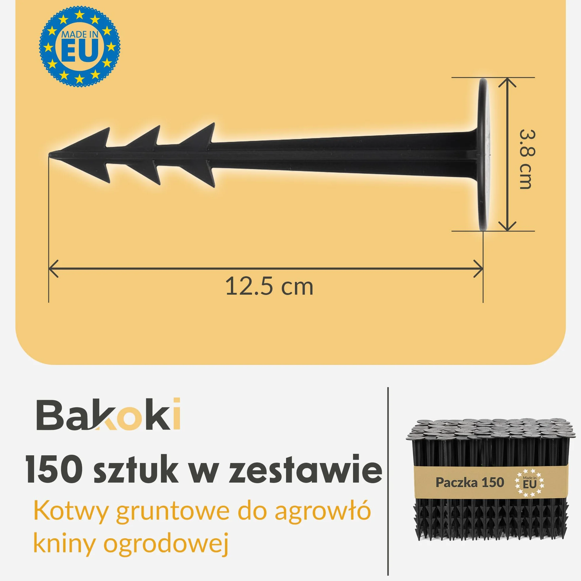 Kotwa gruntowa z tworzywa sztucznego, 150 x – śledzie odporne na promieniowanie UV, żebrowana konstrukcja i haczyki, szeroka główka, idealna do włókniny przeciw chwastom, geowłókniny, mulczu