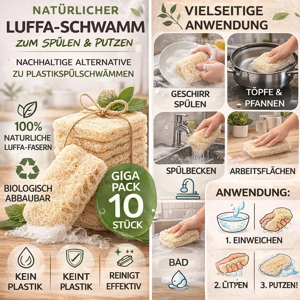 Naturalna gąbka do mycia naczyń z luffa – biodegradowalna, opakowanie 10 szt. – naturalne gąbki luffa – gąbki kuchenne wielokrotnego użytku do naczyń i powierzchni – przyjazne dla środowiska