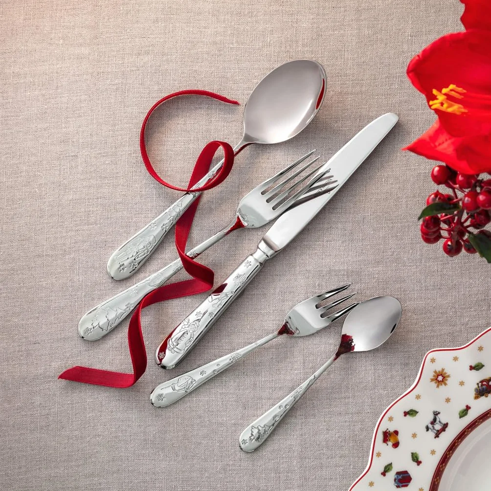 Villeroy & Boch – Toy's Delight zestaw sztućców 30 el., sztućce dla 6 osób, stal nierdzewna z motywami świątecznymi, 6 łyżek, widelców, noży, łyżeczek do kawy i widelczyków, zmywarka