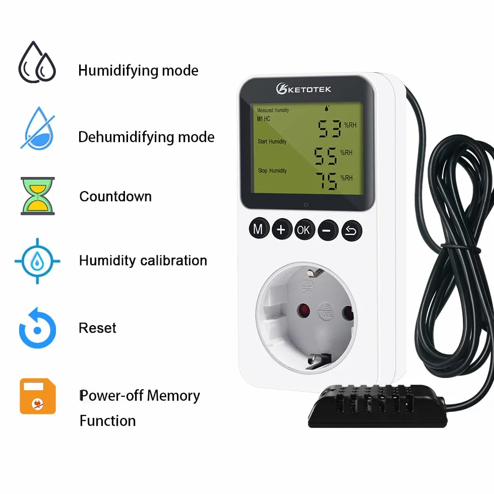 KETOTEK Higrostat, regulator wilgotności z czujnikiem 230 V, cyfrowy regulator wilgotności, gniazdko elektryczne przełącznik do szklarni, terrarium, osuszacza powietrza, nawilżacz powietrza