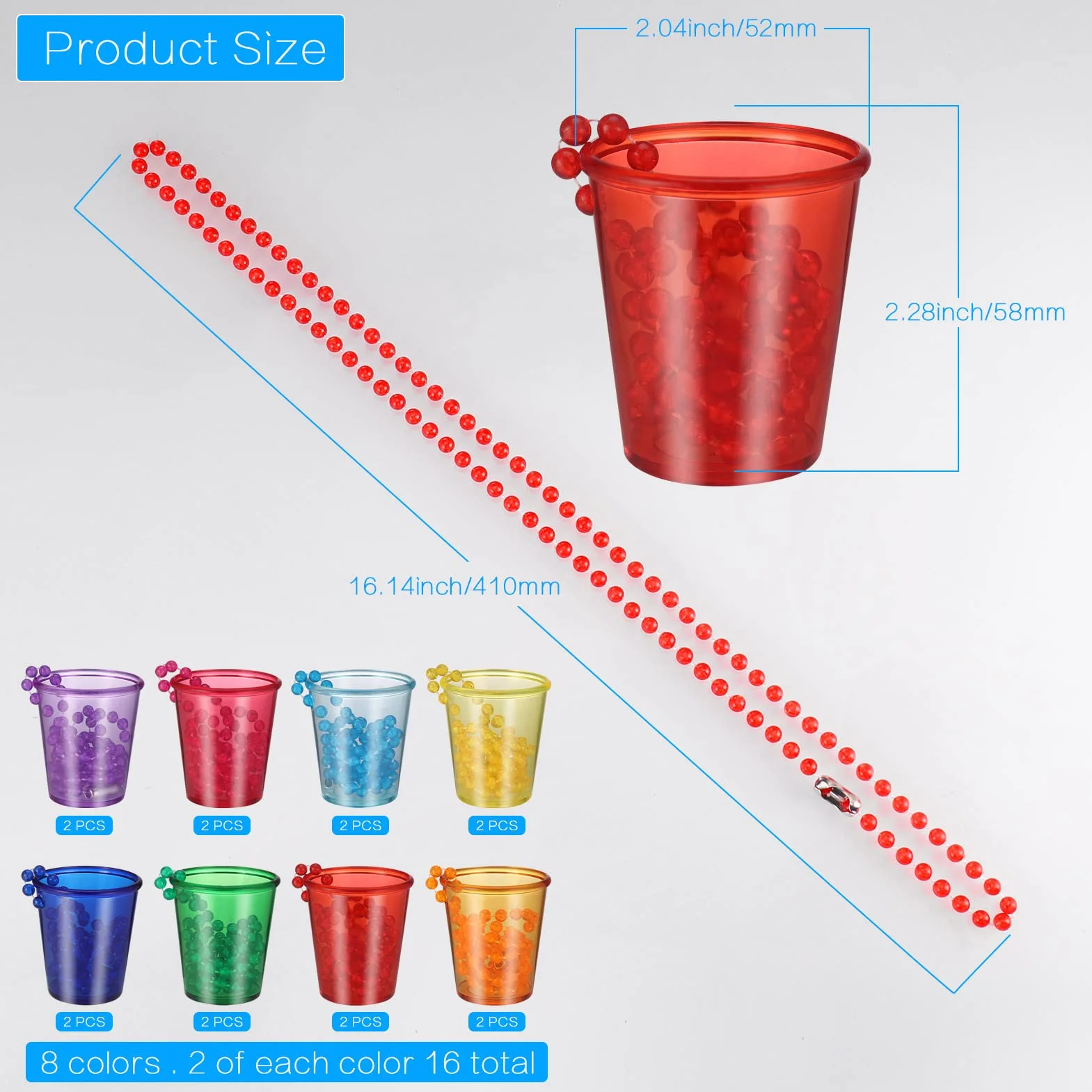 Zocipro 16 sztuk kieliszków do wódeczki na wieczór panieński, plastikowa naszyjniki z kieliszkiem z koralików, kielich na wieczór kawalerski, wieczór panieński, urodziny i wesela (8 kolorów)