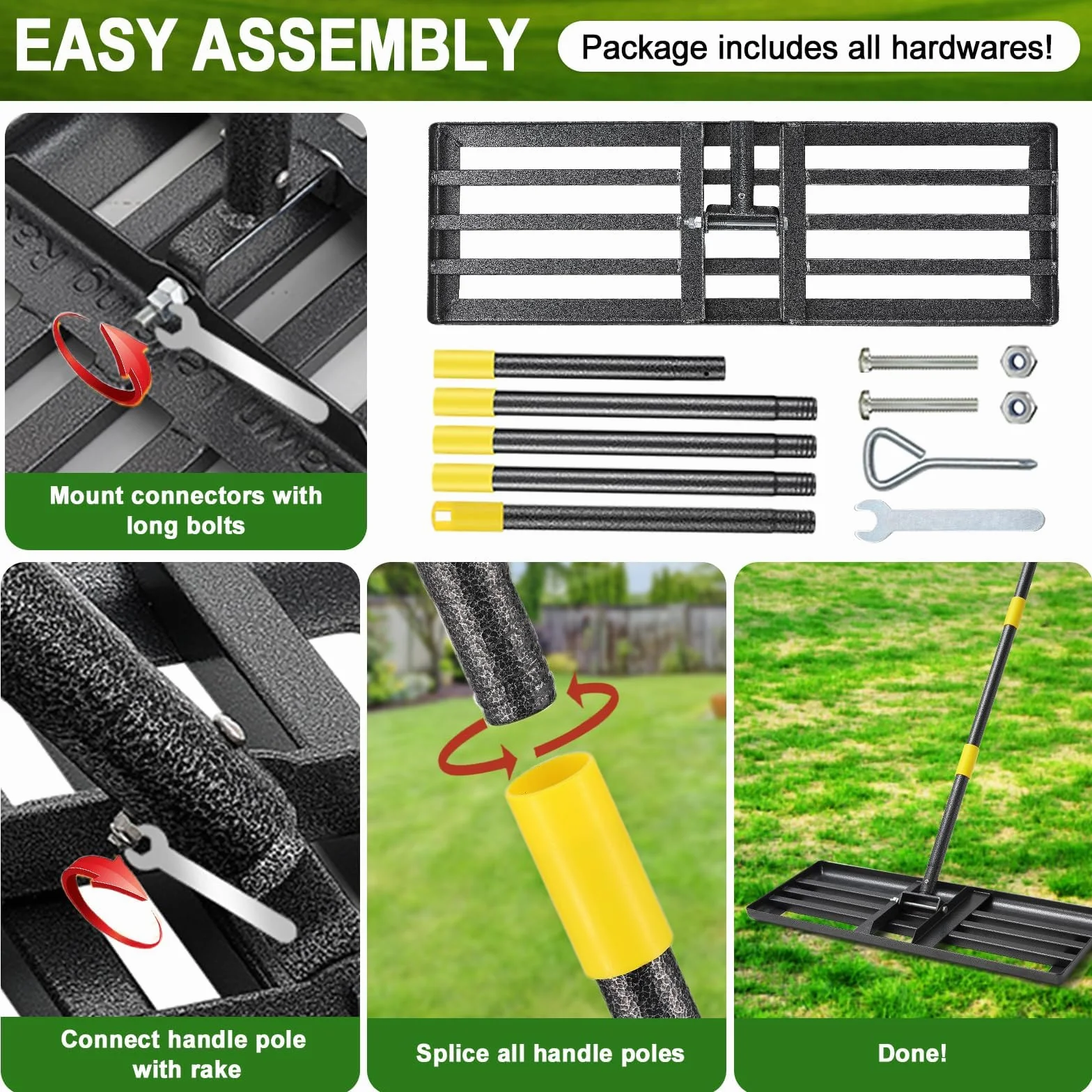 Rakla Lawn Leveling Rake z długim uchwytem – 182 cm, do golfa trawy, survivalowa, górny dressing, ze stali nierdzewnej, do ogrodu, na podwórko, trawnik (76 x 25 cm)