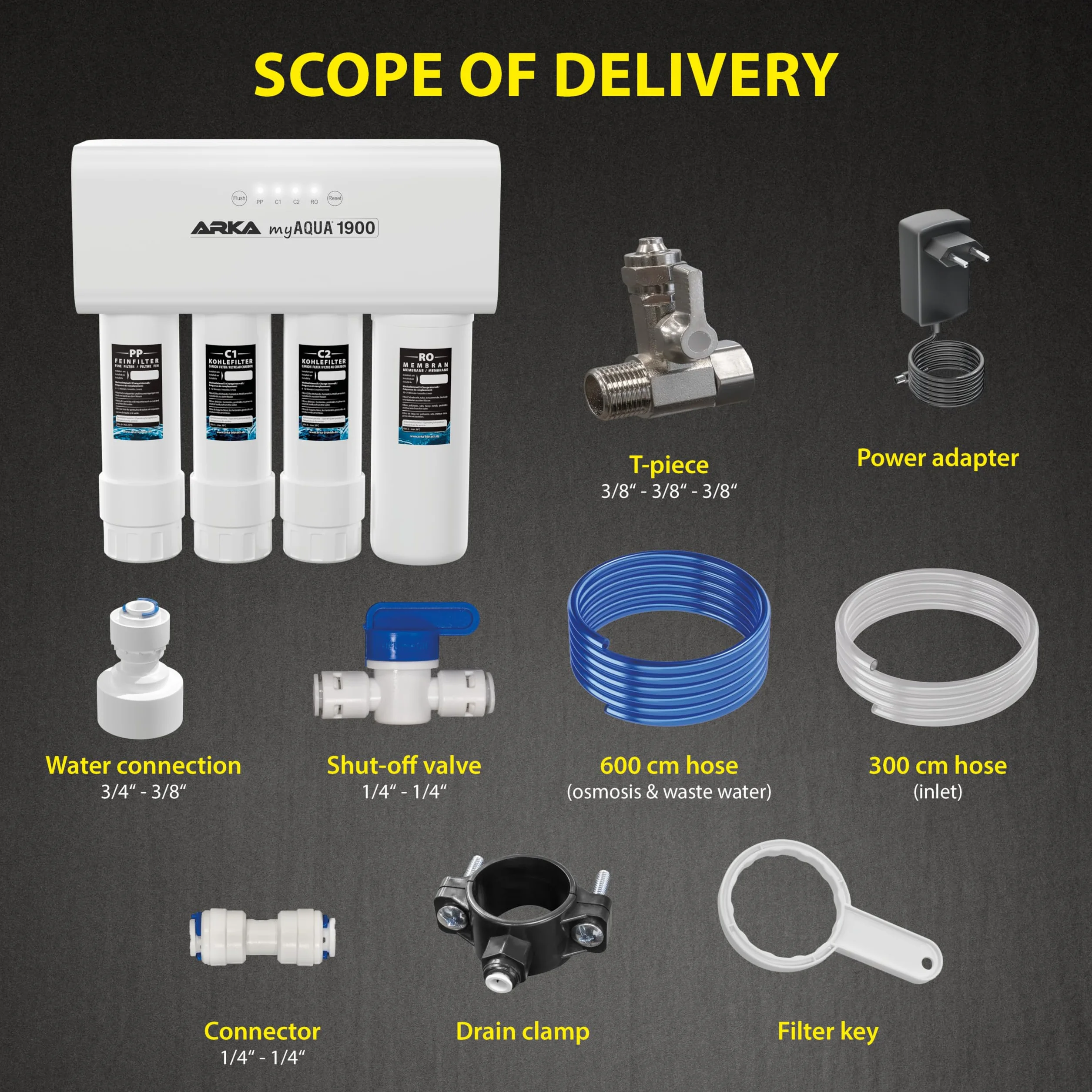 System odwróconej osmozy ARKA myAQUA®1900 o wydajności 1900L/dobę. Filtr i zmiękczacz wody Filtruje do 99% zanieczyszczeń, soli i bakterii z wody. Idealne rozwiązanie dla każdego gospodarstwa domowego