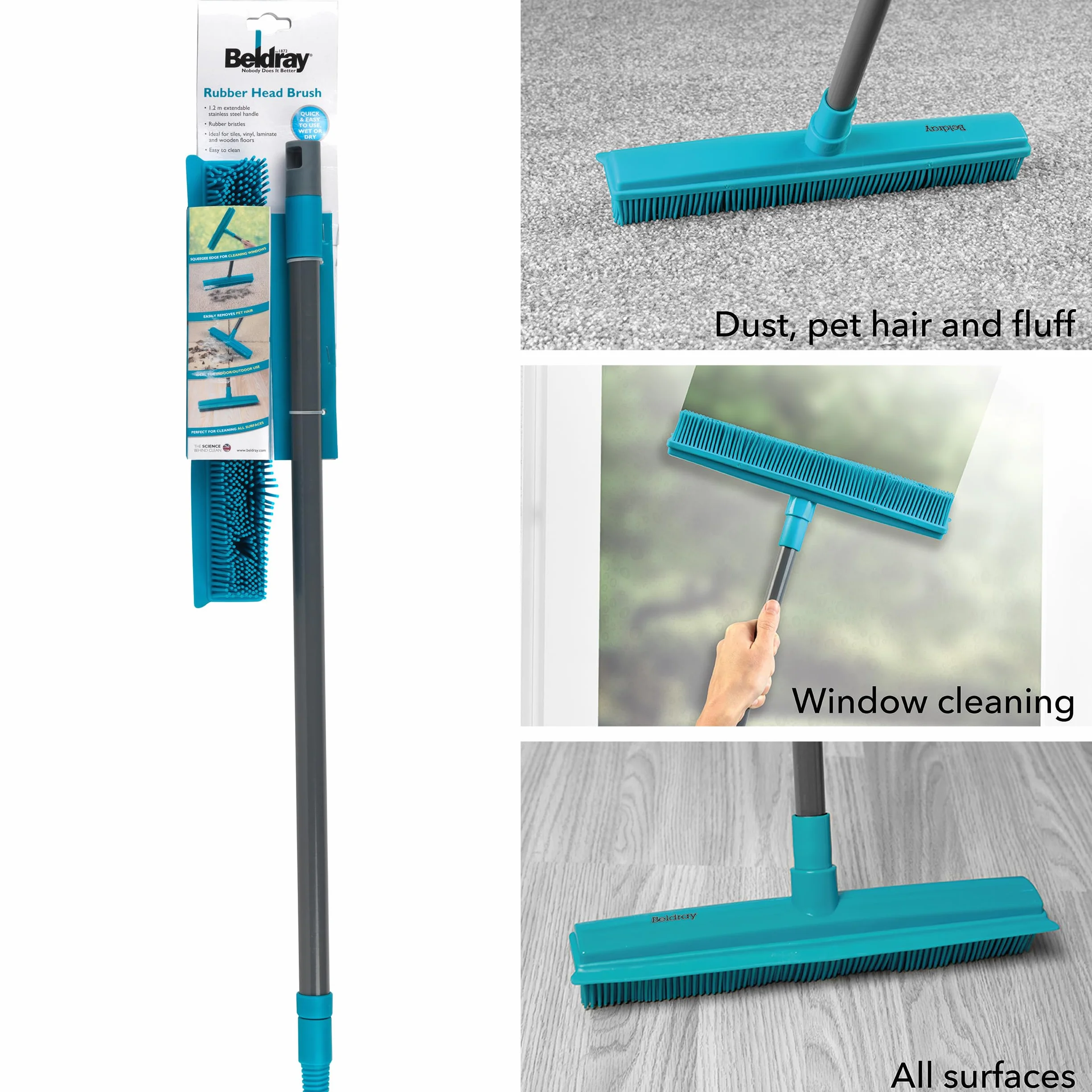 Beldray LA024350TQ Pet Plus+ 2 In 1 Lift & Trap Dual Rubber Head Brush with Squeegee Edge, Ideal for Hard Floors, Windows, Pet Hair & Dust, Non-Scratch, Outdoor/Indoor Bro