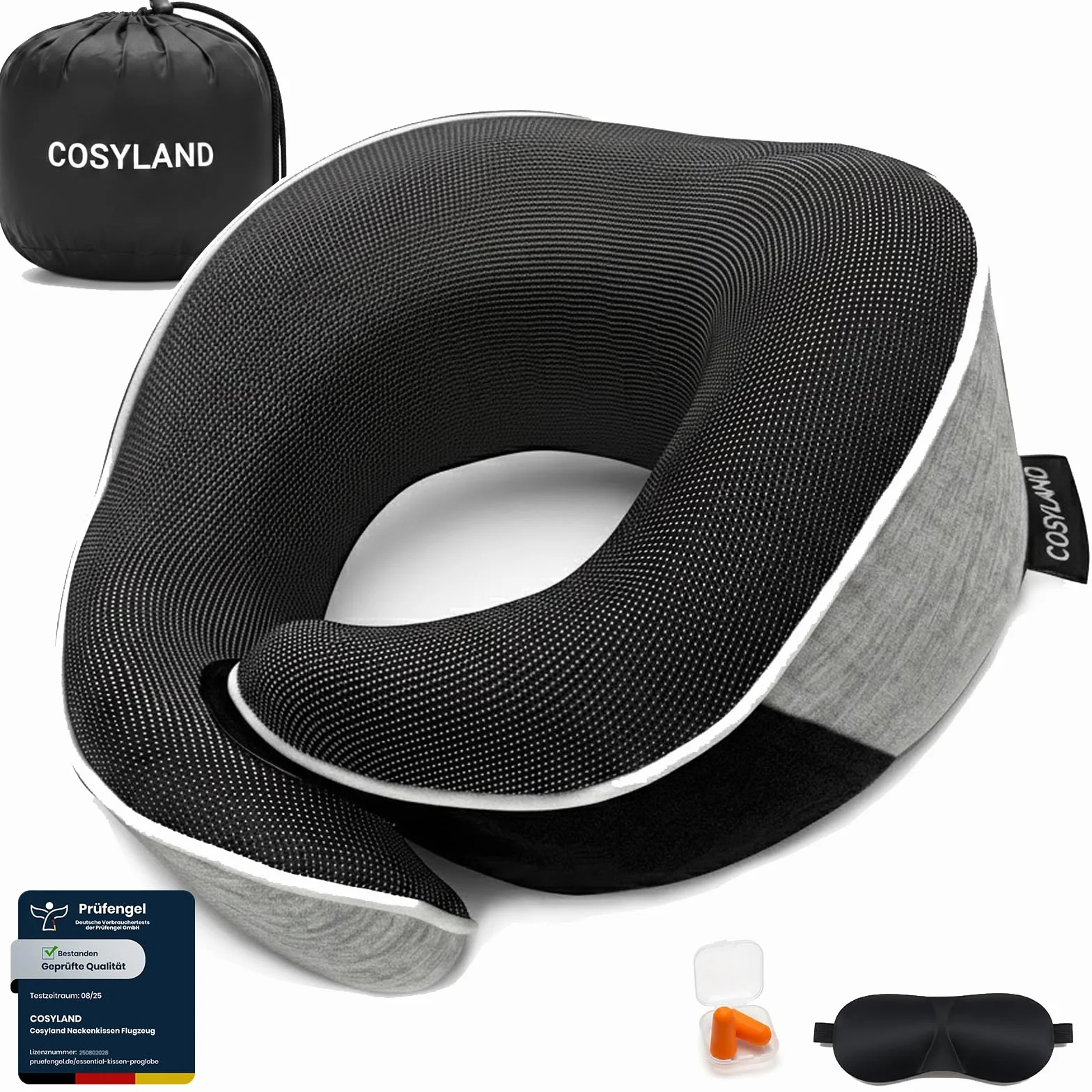 COSYLAND Poduszka na kark, samolot i samochód, wsparcie 360°, poduszka podróżna z pianki pamięciowej, regulowana, ergonomiczna poduszka na kark dla dorosłych, z kieszenią, maską do spania i zatyczkami
