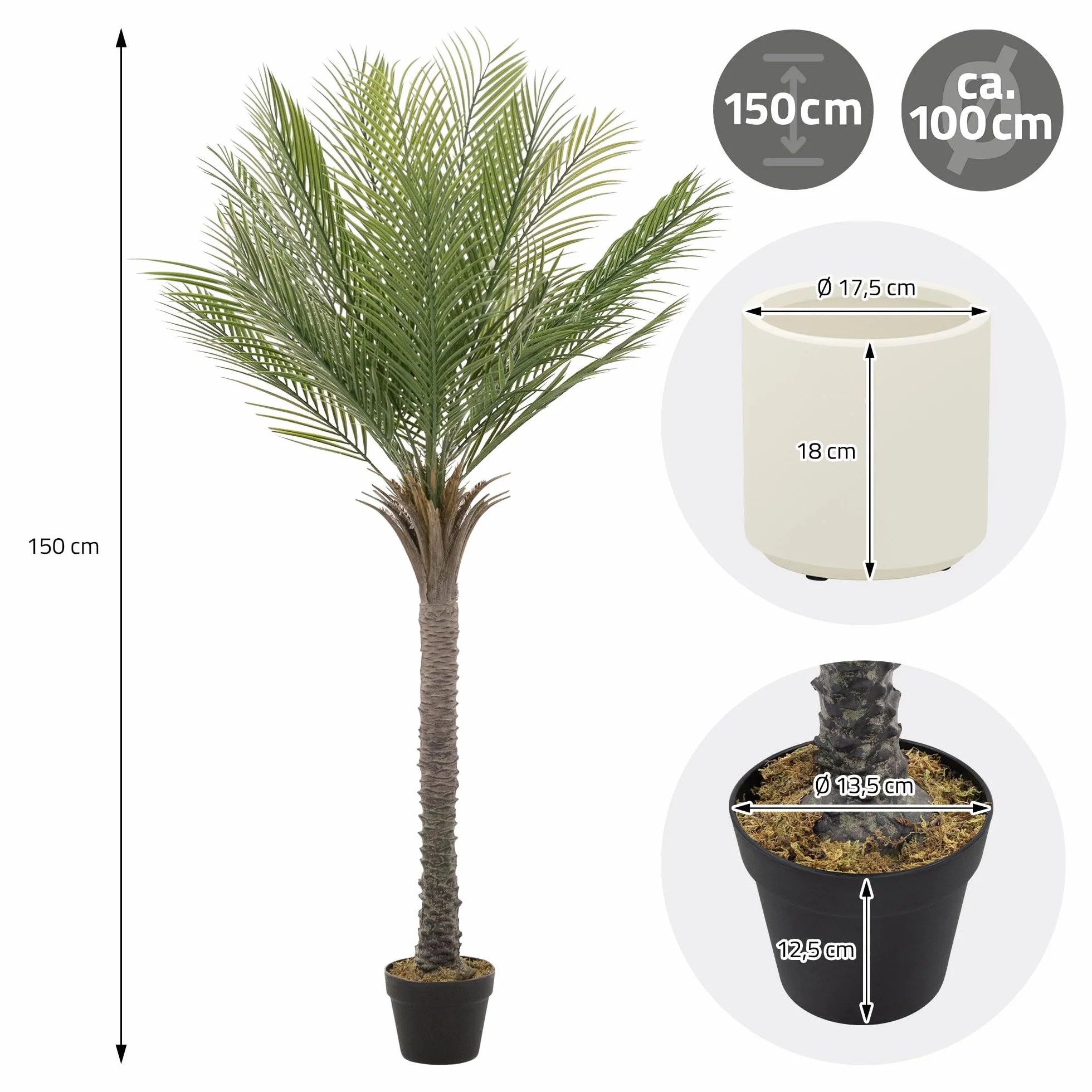 ML-Design sztuczna palma 150 cm duza roslina tropikalna dekoracja roslinna w doniczce Plastikowa roslina doskonala do wnetrz oraz przestrzeni na zewnatrz realistyczne drzewo do salonu biura lub ogrodu
