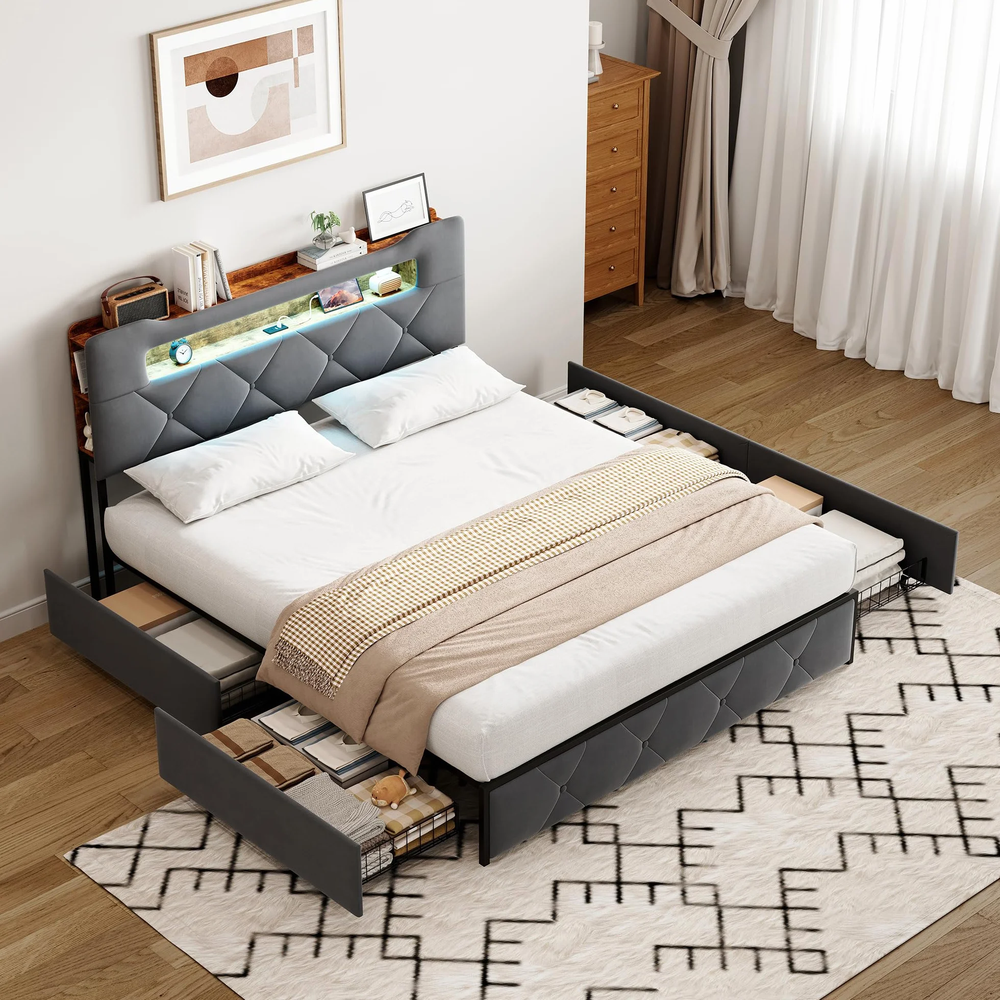 CDQL Łóżko tapicerowane podwójne 160 x 200 cm z 4 szufladami, łóżko młodzieżowe ze złączem USB i oświetleniem LED, zagłówek ze schowkiem, łóżko dla gości, łóżko funkcyjne, aksamit, szare